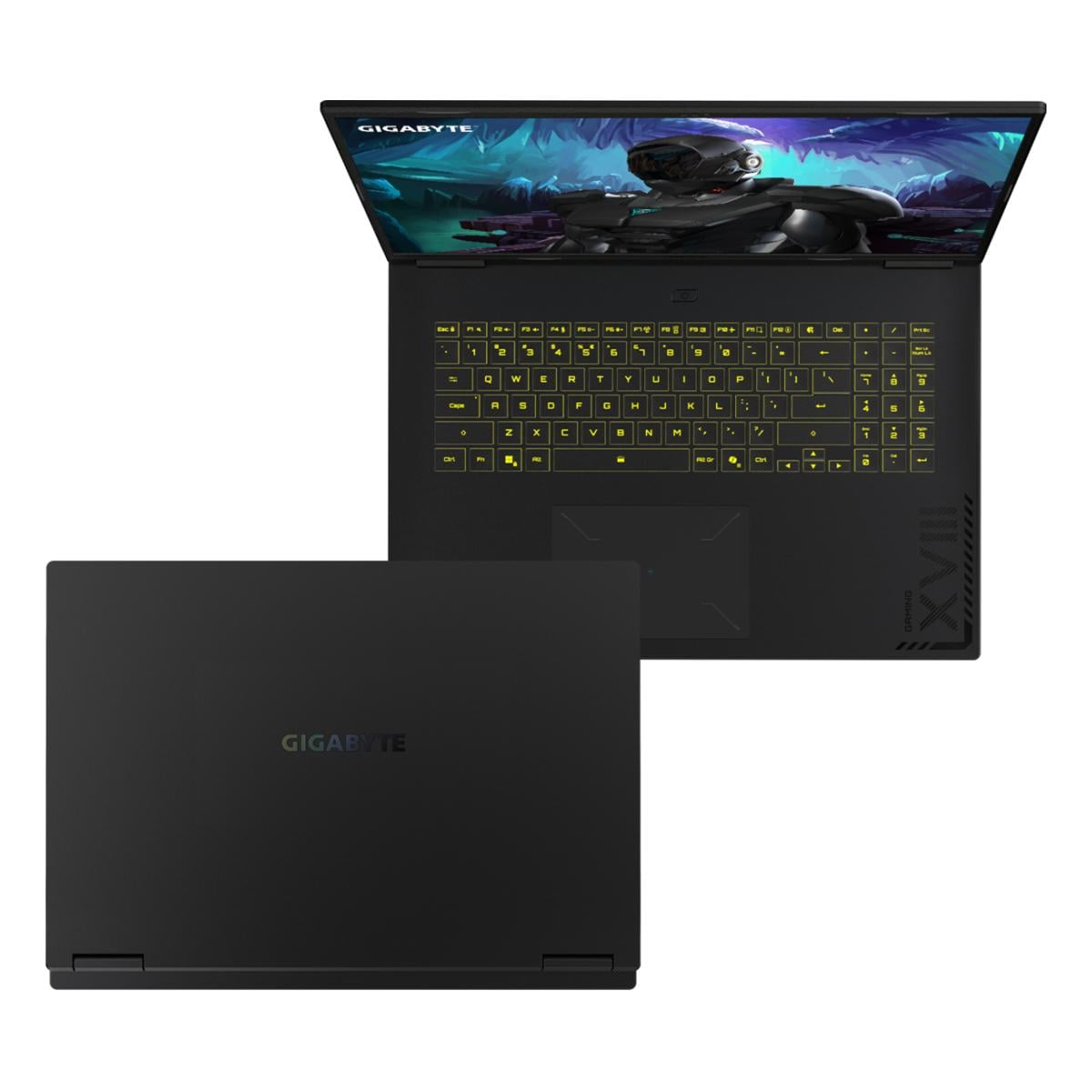 Schwarzer Gigabyte-Laptop, geöffnet, zeigt Tastatur mit grün leuchtenden Tasten und Bildschirm mit Spielszene. Ein weiterer Laptop ist darunter.