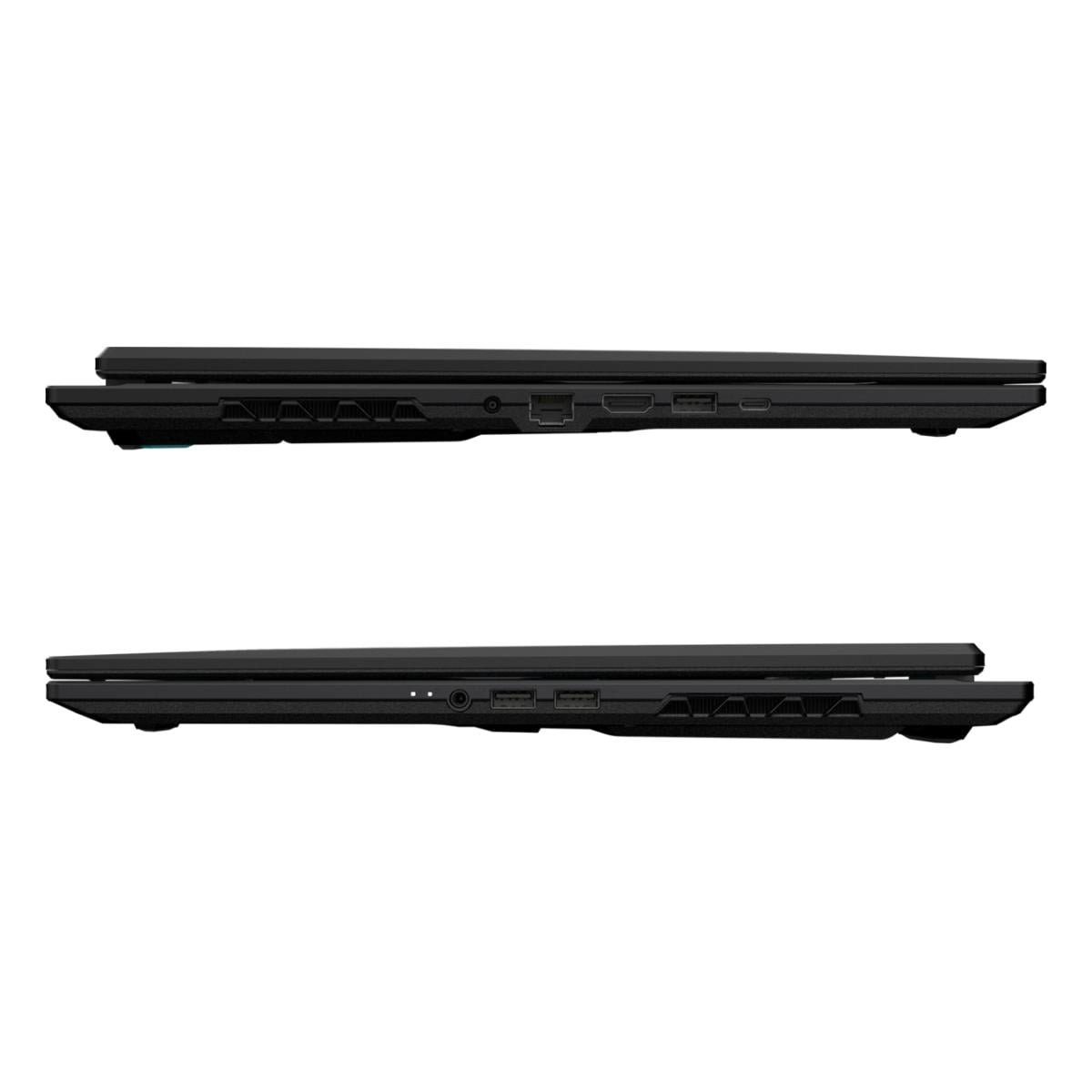 Zwei schwarze Laptops in Seitenansicht, die Anschlüsse und Lüftungsschlitze zeigen. Ein Laptop liegt über dem anderen. Beide haben ein schlankes, flaches Design.