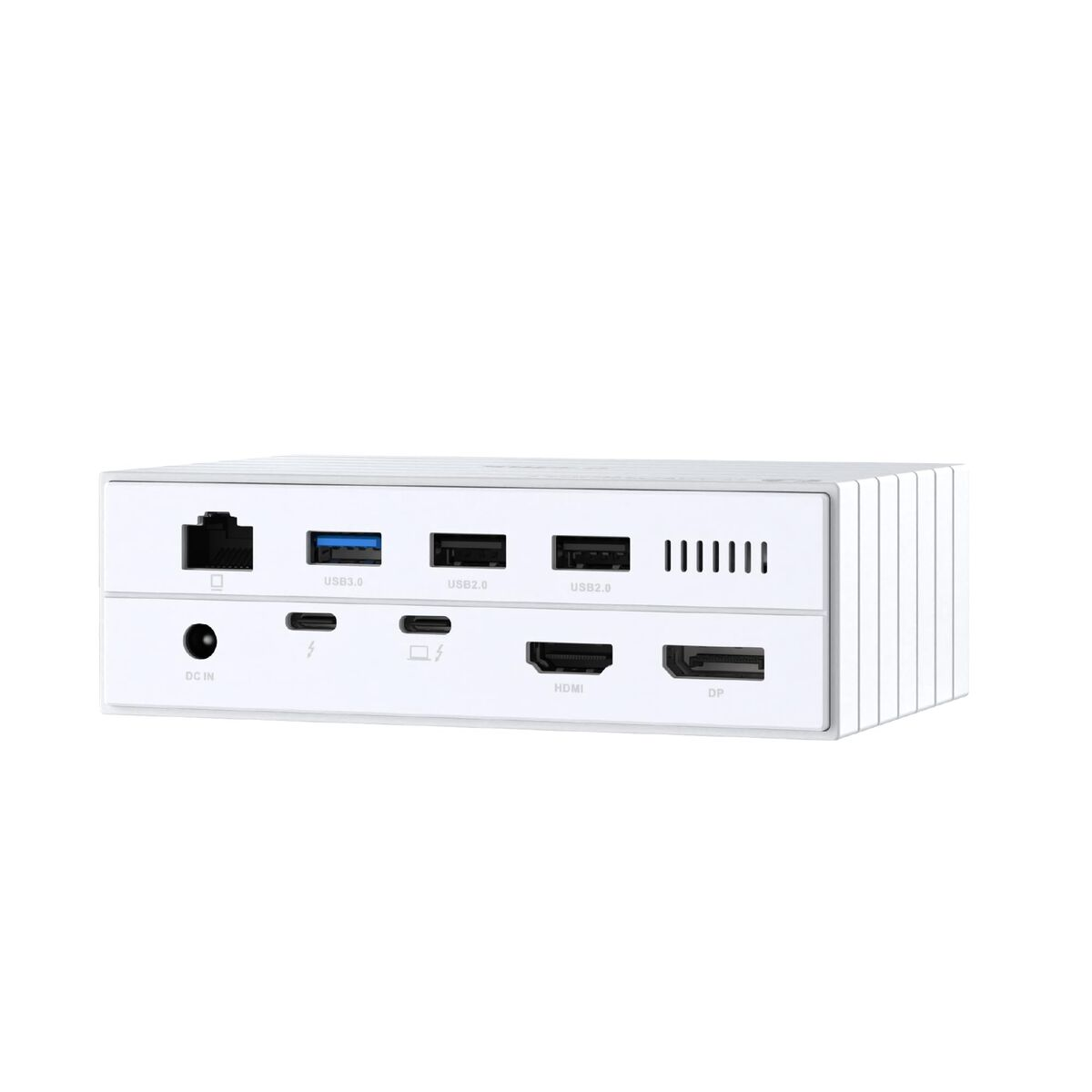 Dispositivo informatico bianco con più porte: USB, HDMI e altri. Ha un design elegante e moderno con aspetto impilabile.