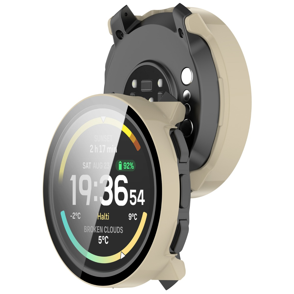 Smartwatch zeigt 19:36, 23. August, 92% Akku, -2°C, Halti 9°C, Wolkenbruch 5°C, mit beigem Gehäuse.