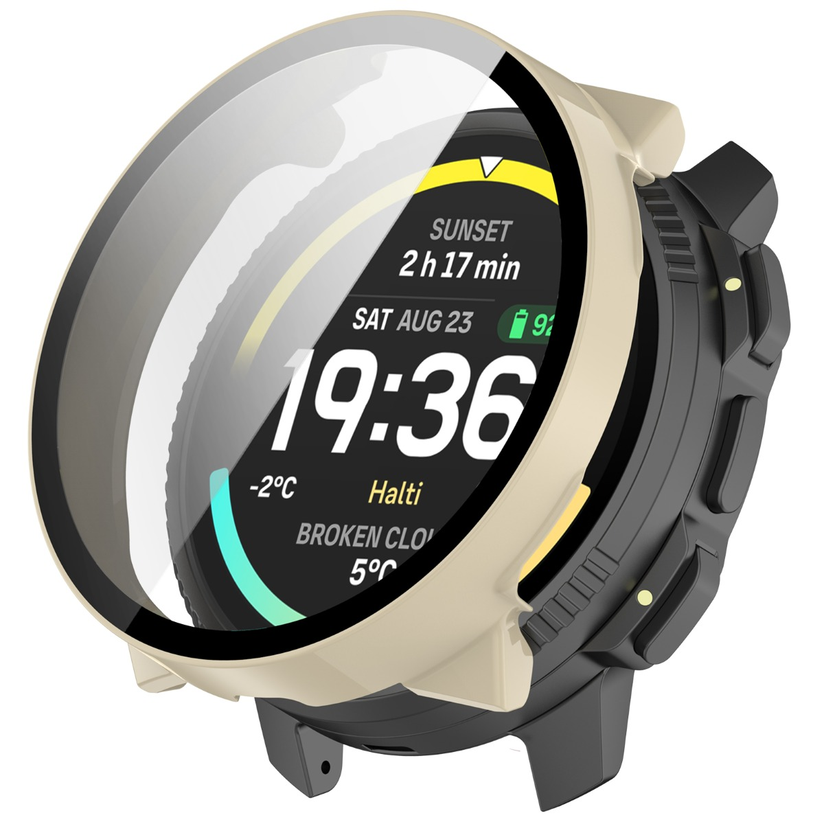 Das Bild zeigt eine Smartwatch, die die Uhrzeit 19:36, das Datum Sa 23. August, Sonnenuntergang um 2h 17min, Temperatur -2°C und gebrochene Wolken 5°C anzeigt.