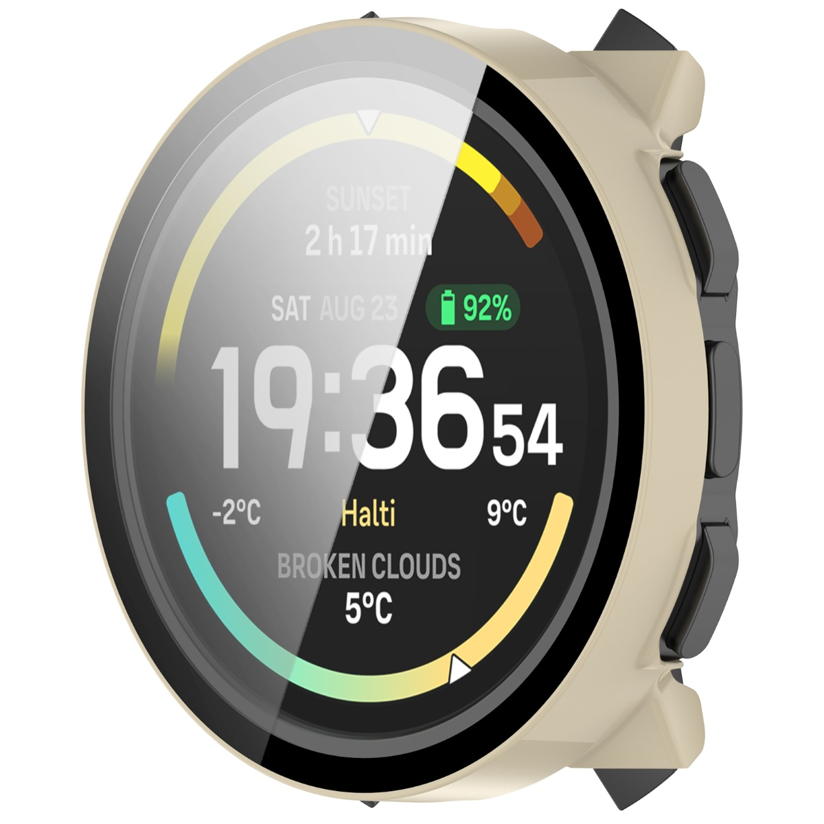 Eine beige Smartwatch zeigt die Zeit: 19:36:54. Sie zeigt Wetterbedingungen, Akkulaufzeit (92 %) und Sonnenuntergangszeit. Die Uhr liegt auf weißem Untergrund.