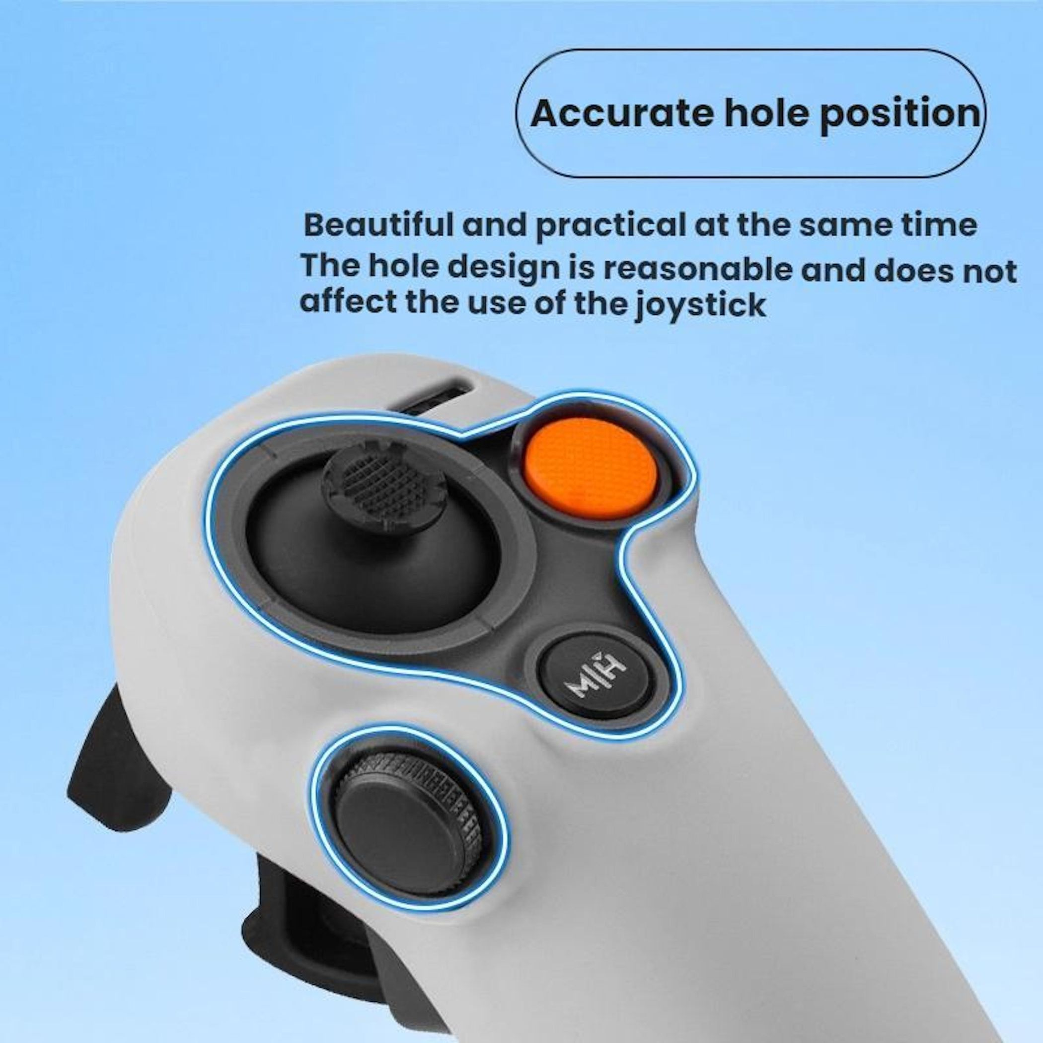 Nahaufnahme eines weißen Gamecontrollers mit Knöpfen. Eine orangefarbene und eine schwarze Taste sind sichtbar.
