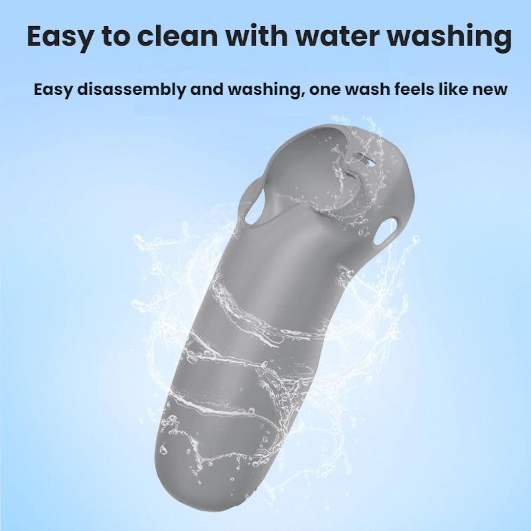 Ein graues Objekt mit Wasserspritzern auf blauem Hintergrund. Text: 'Leicht mit Wasser zu reinigen'.