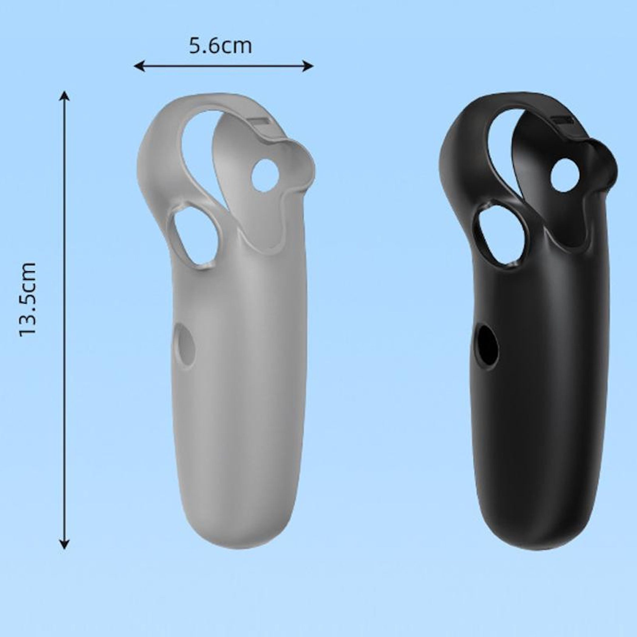 Zwei VR-Controller werden angezeigt. Einer ist grau, der andere schwarz. Abmessungen werden angezeigt: 13,5 cm Höhe und 5,6 cm Breite.