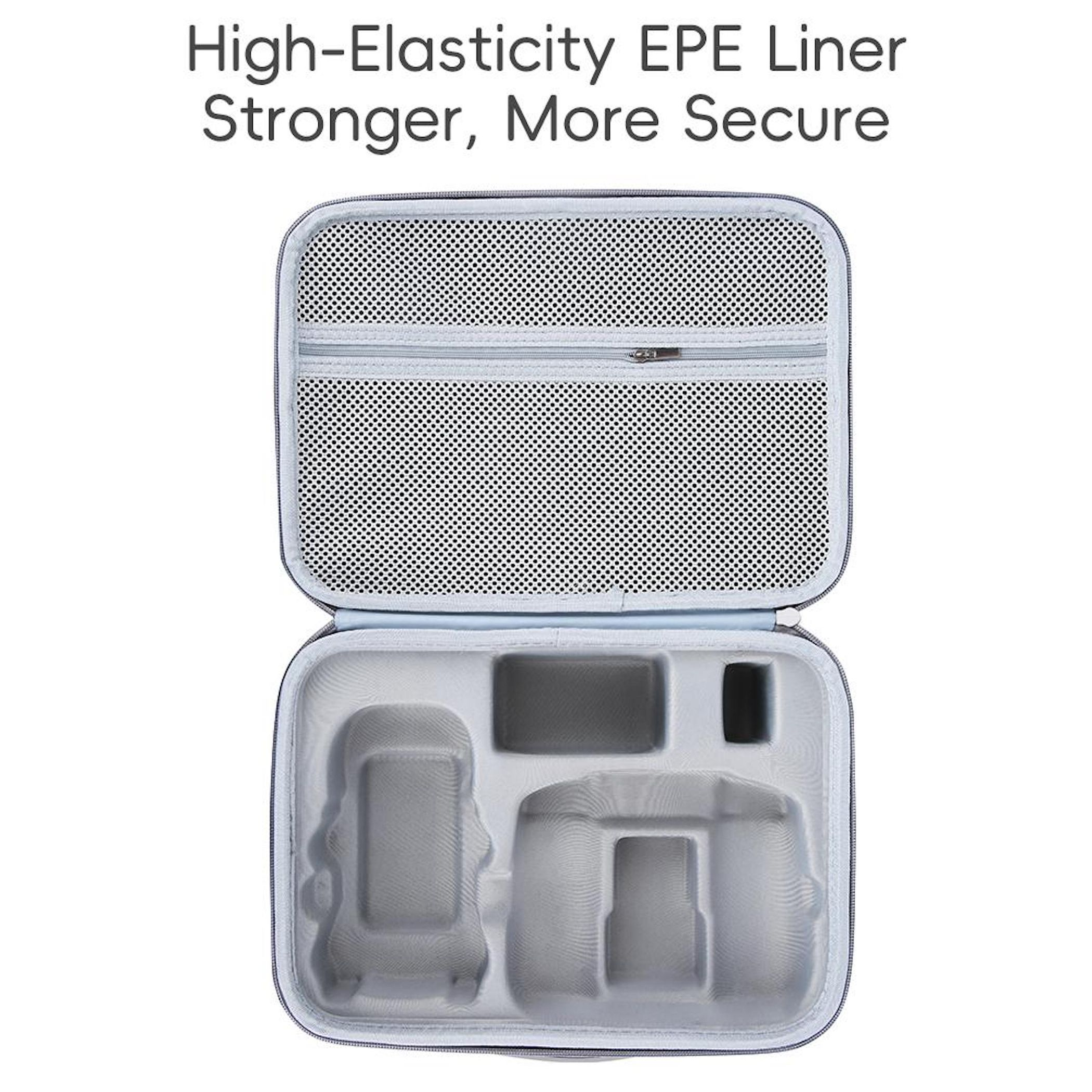 Offener grauer Koffer mit Fächern. Enthält schwarzes Netz und geformte Abschnitte für Gegenstände. Text oben: High-Elasticity EPE Liner.