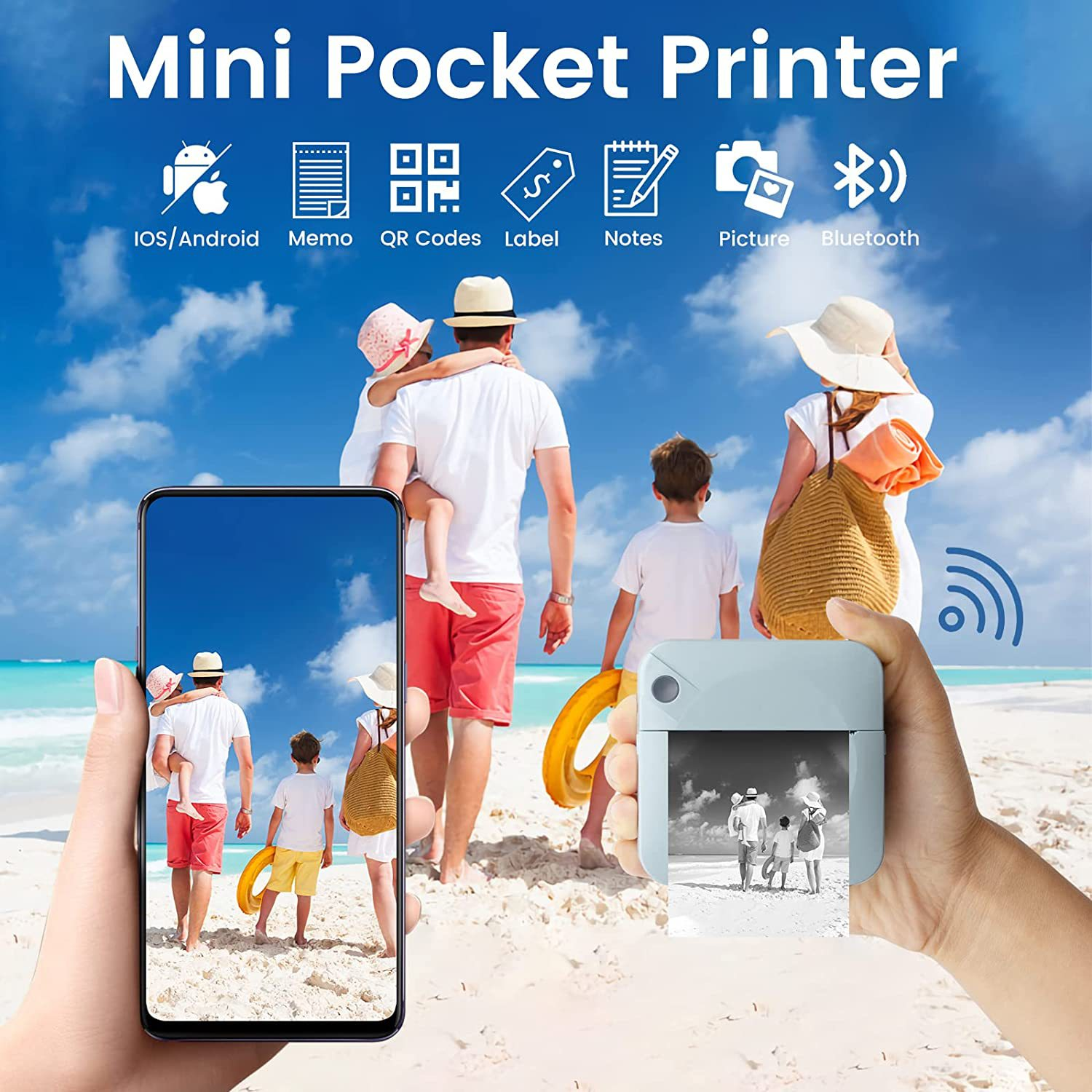 Das Bild zeigt einen Mini-Taschendrucker mit einer Familie am Strand. Zu den Funktionen gehören IOS/Android, Memo, QR-Codes, Etikett, Notizen, Bild und Bluetooth.