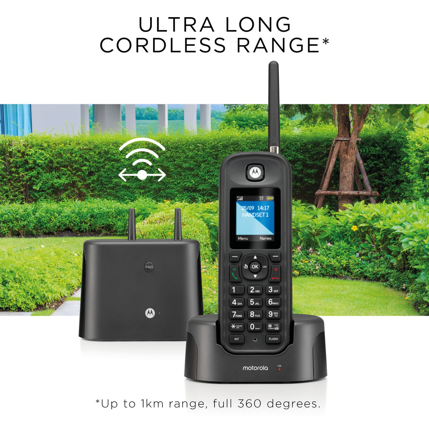Ein Motorola-Schnurlostelefon mit Basis, Ladestation und Antenne. Im Hintergrund Grün und ein Haus.