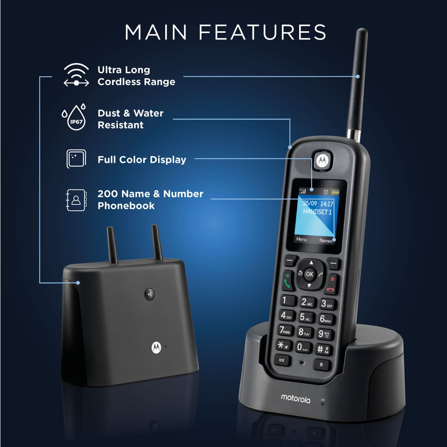 Ein schnurloses Motorola-Telefon mit Basis und Ladestation. Zu den Merkmalen gehören ein Farbbildschirm, Staub-/Wasserbeständigkeit und ein Telefonbuch.
