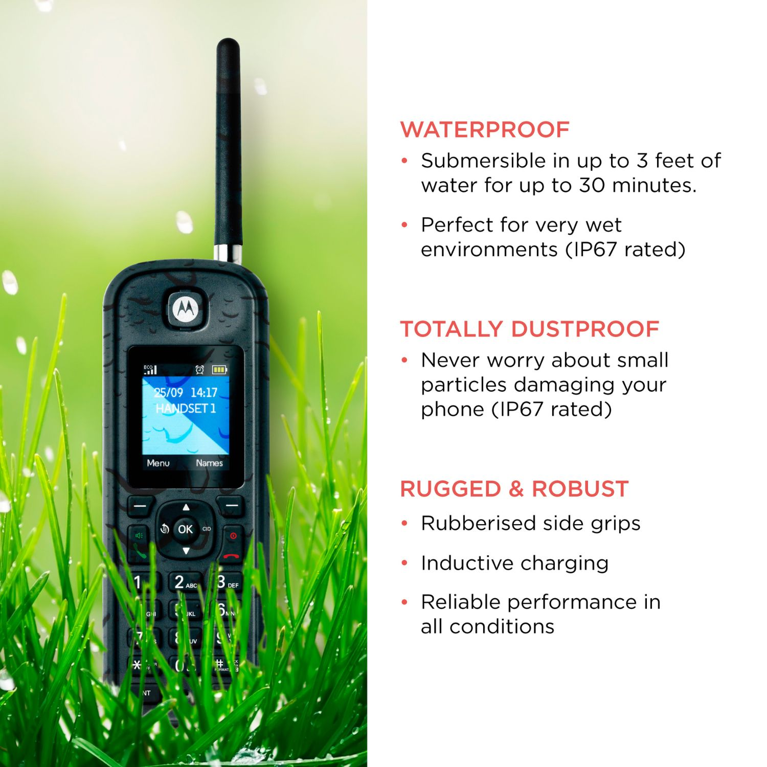 Ein robustes, schwarzes Telefon mit Antenne, das inmitten von grünem Gras angezeigt wird. Es hat einen Bildschirm mit Uhrzeit und Funktionstasten.