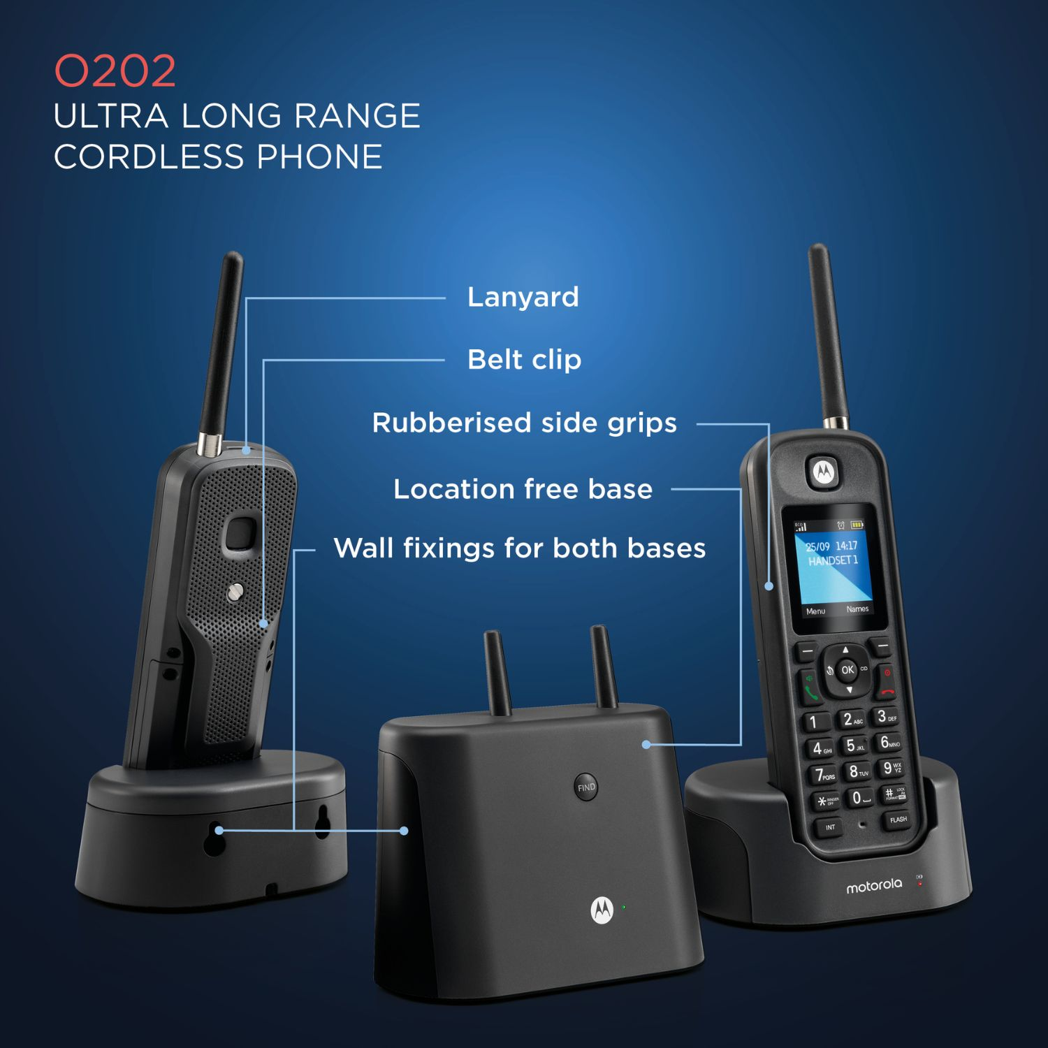 Ein Motorola schnurloses Telefon mit Basis. Es hat einen Bildschirm, eine Tastatur und eine Antenne. Das Telefon ist schwarz mit blauem Farbverlauf.