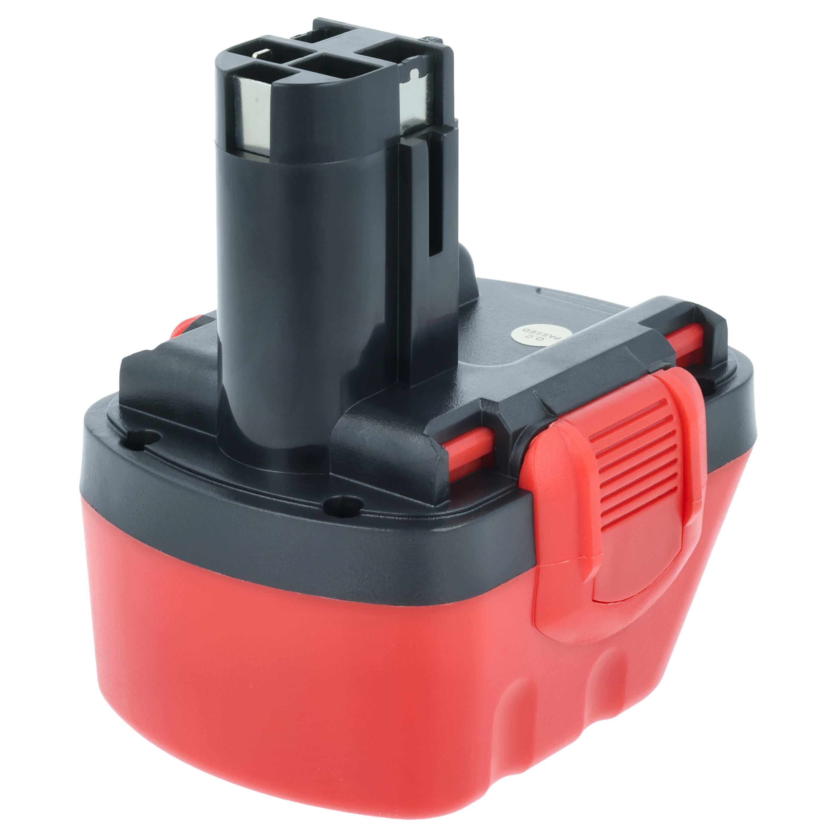 Ein roter und schwarzer Elektrowerkzeug-Akku wird gezeigt, mit schwarzem Oberteil und roter Basis. Er ist auf weißem Hintergrund isoliert.