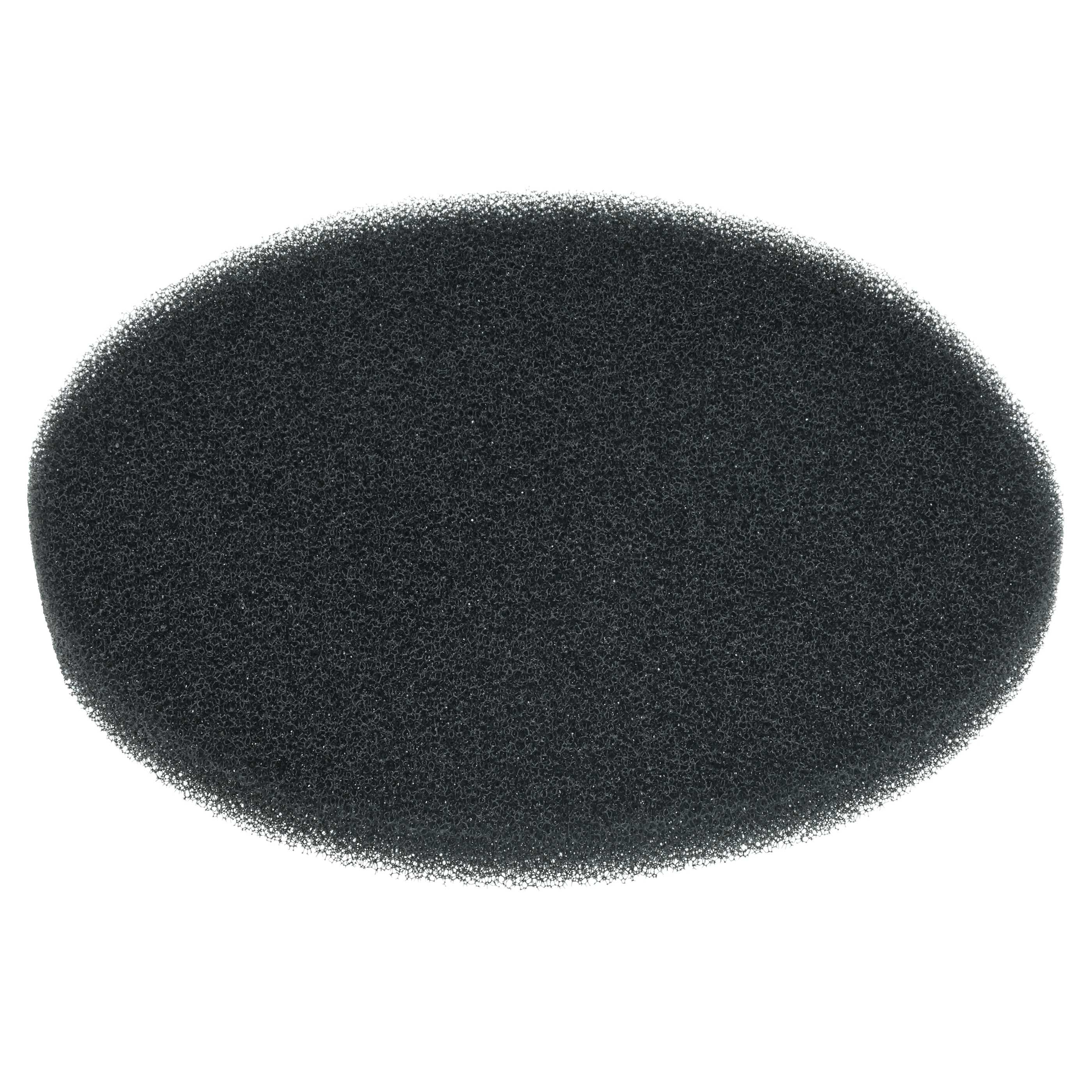 Nahaufnahme eines dunkelgrauen, ovalen Schaumstofffilters auf weißem Hintergrund.