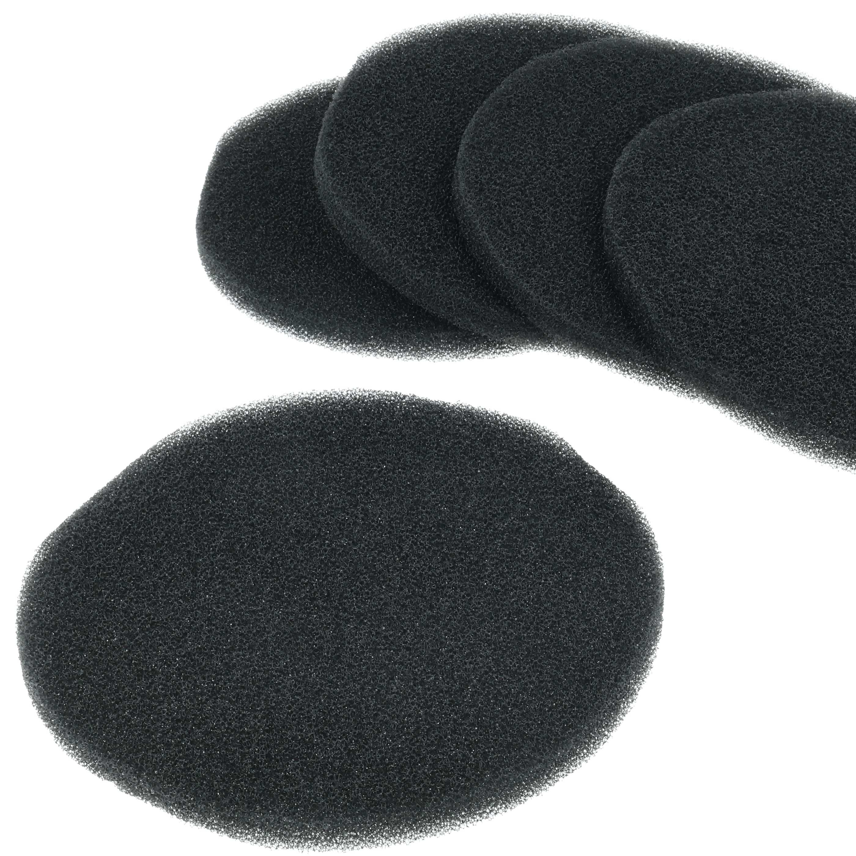 Mehrere schwarze, runde, poröse Schaumstofffilter auf weißem Hintergrund angeordnet. Einer ist getrennt, andere überlappen.