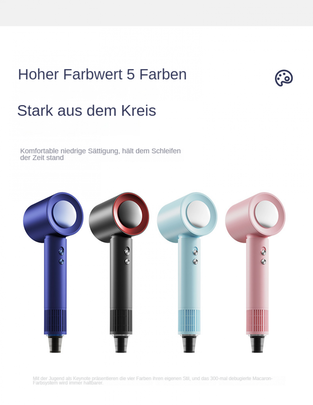 Vier farbige Haartrockner: blau, schwarz, hellblau und rosa. Sie haben ein schlankes Design mit einem weißen Kreis oben.