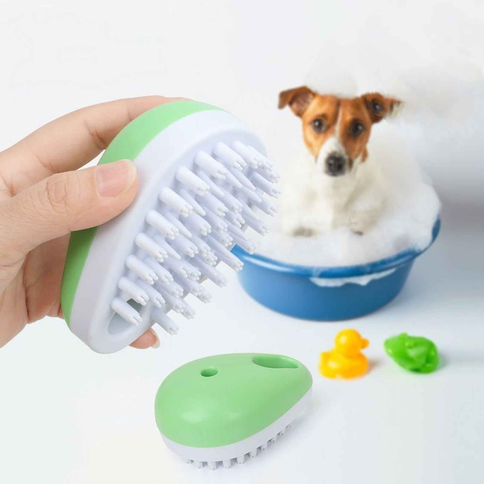 Eine grüne und weiße Hundebürste wird gehalten. Ein Hund befindet sich in einer blauen Wanne mit Blasen. Gummienten- und Froschspielzeug sind in der Nähe.