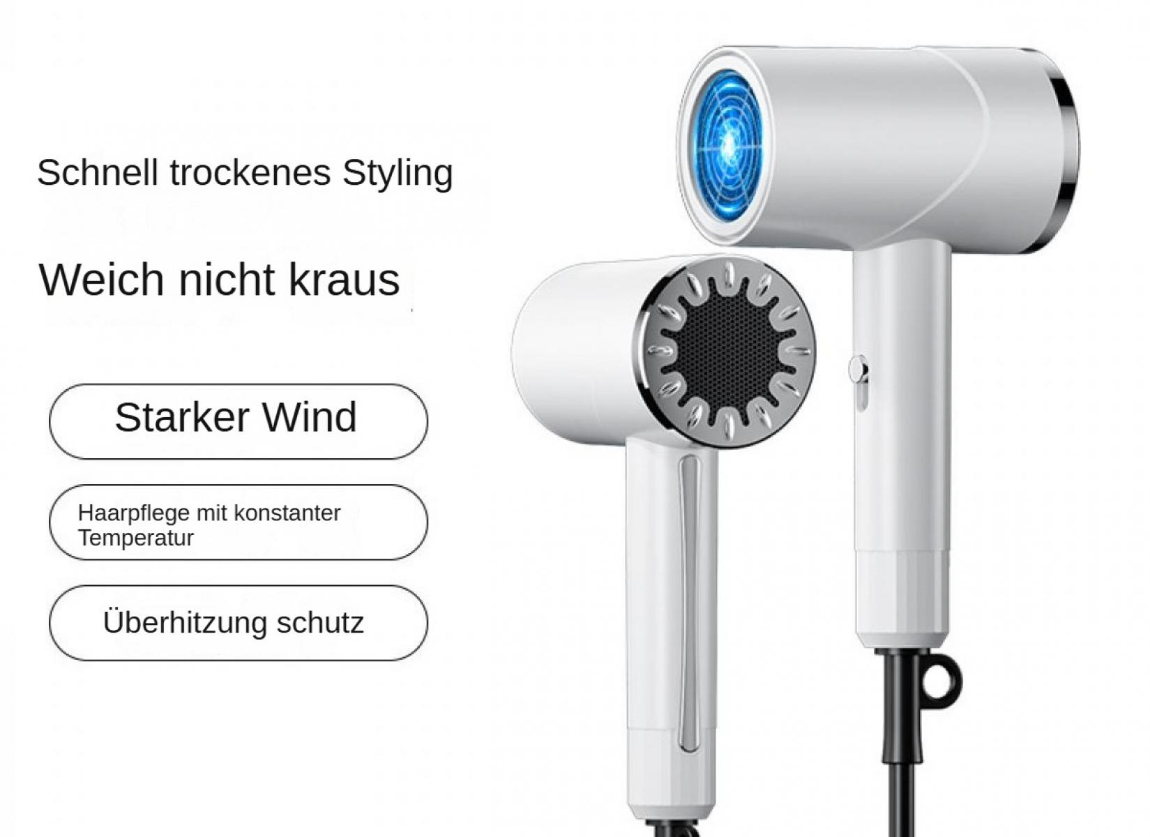 Ein weißer Haartrockner mit blauen Akzenten. Text auf Deutsch: Schnell trocknendes Styling, sanft, starker Wind, konstante Temperatur, Überhitzungsschutz.