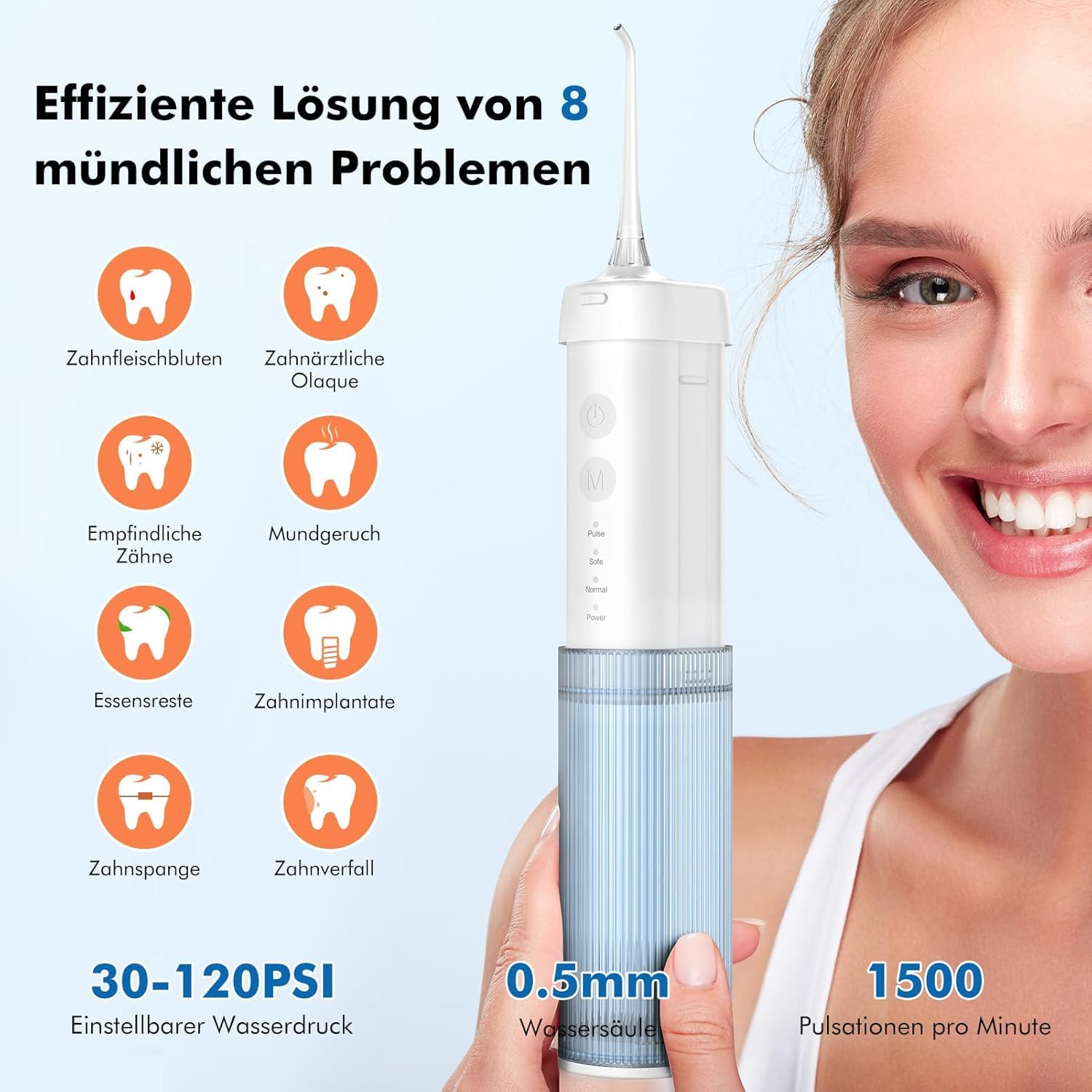 Eine Frau lächelt neben einem weißen Munddusche. Text beschreibt 8 Mundprobleme, Wasserdruck und Pulsationen pro Minute.