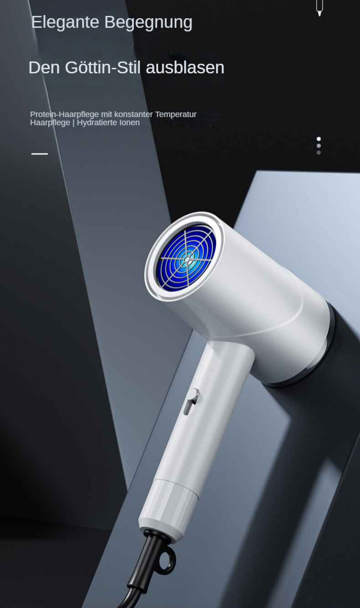 Ein weißer Haartrockner mit einem blau-weißen Ventilator wird vor einem dunklen Hintergrund mit deutschem Text angezeigt.