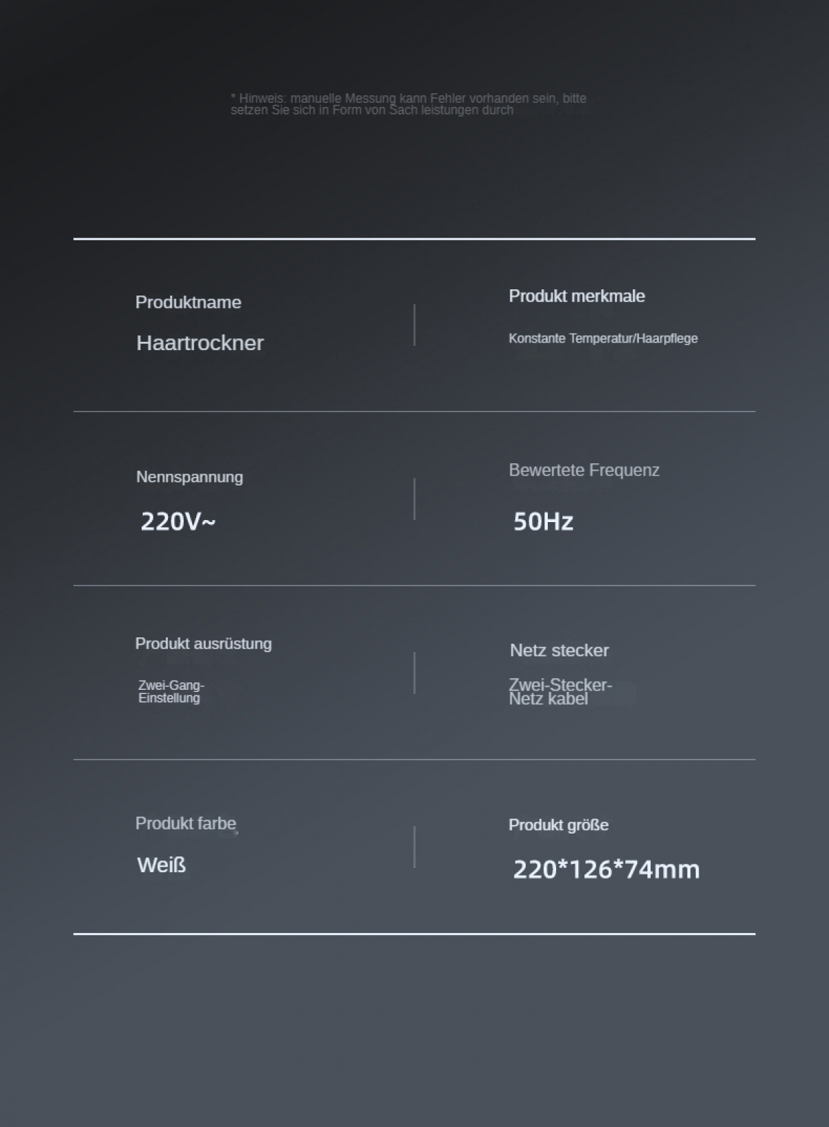 Ein Produktinformationsblatt mit Produktname, Eigenschaften, Spannung, Frequenz und Abmessungen. Es enthält einen Haartrockner.