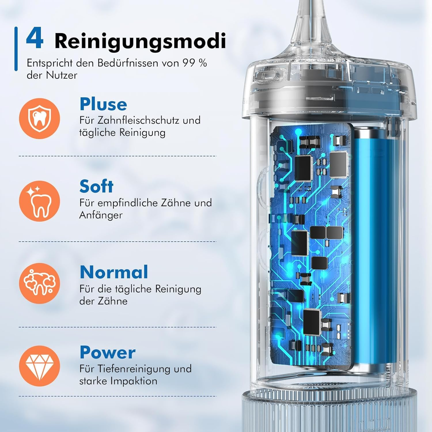 Das Bild zeigt eine elektrische Zahnbürste mit 4 Reinigungsmodi. Sie hat einen transparenten Griff, eine blaue Batterie und eine Leiterplatte.