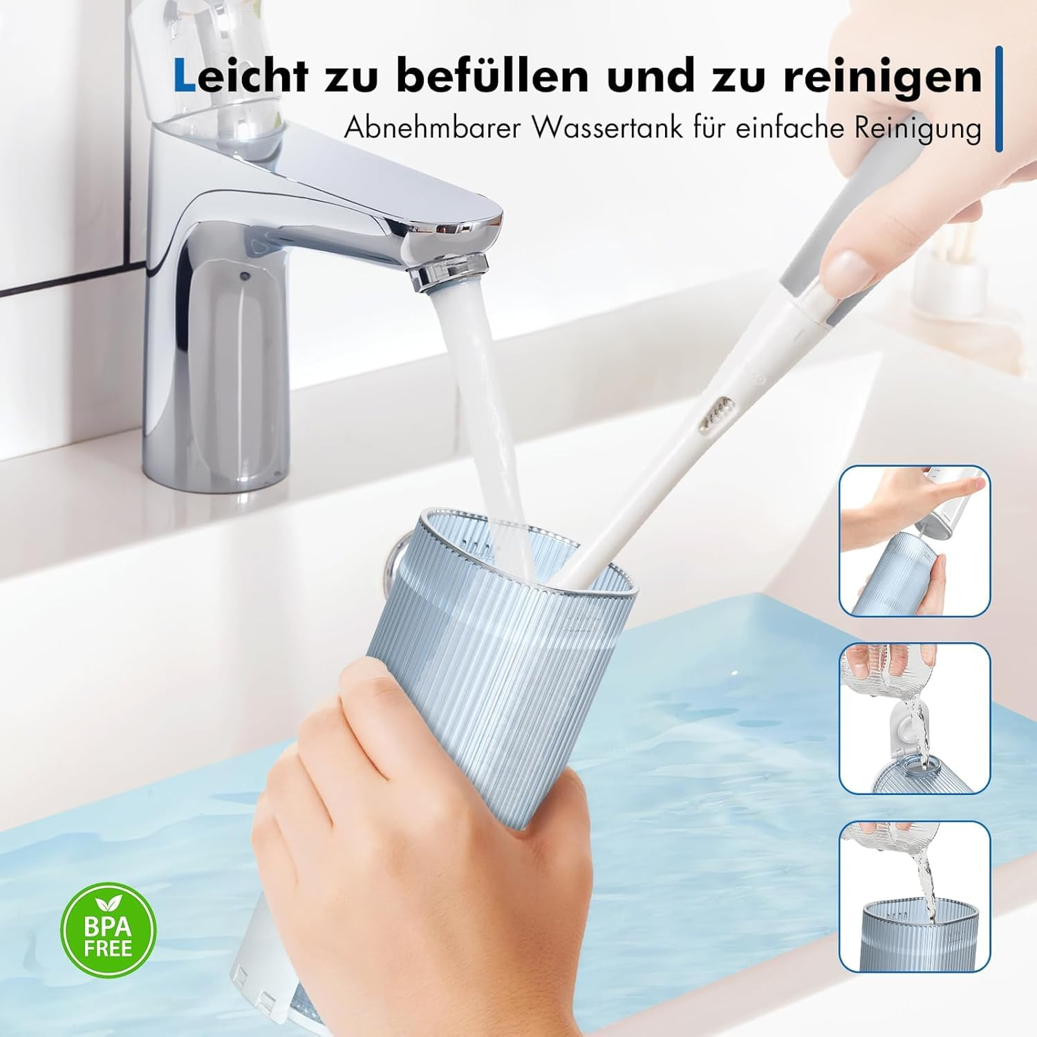 Eine Hand füllt einen blauen Becher mit Wasser aus einem Wasserhahn. Der Text auf dem Bild lautet 'Leicht zu befüllen und zu reinigen'.