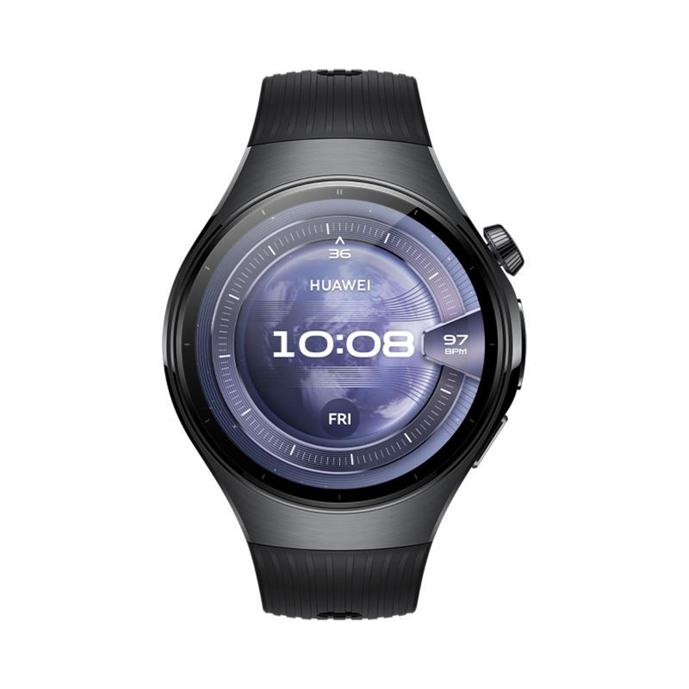 Eine Huawei-Smartwatch. Der Bildschirm zeigt Uhrzeit, Herzfrequenz und Wochentag an. Schwarzes Armband, graues Zifferblatt.