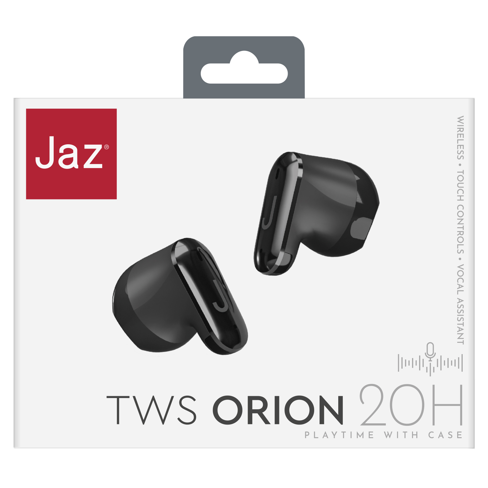 Eine Schachtel mit schwarzen Ohrhörern. Die Marke ist Jaz. Der Text lautet TWS Orion 20H. Merkmale sind drahtlos, Touch-Steuerung und Sprachassistent.