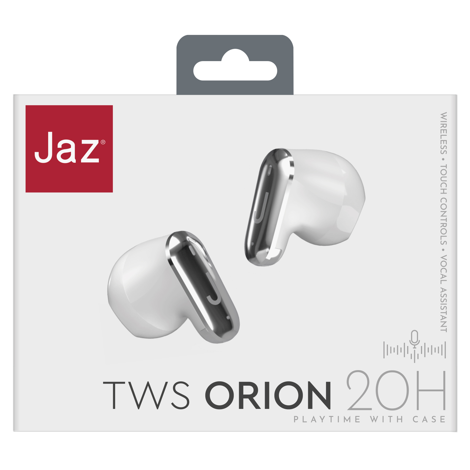 Weiße TWS Orion 20H Ohrhörer auf einer weißen Schachtel. Rotes Jaz-Logo. Kabellose, Touch-Steuerung und Sprachassistent.