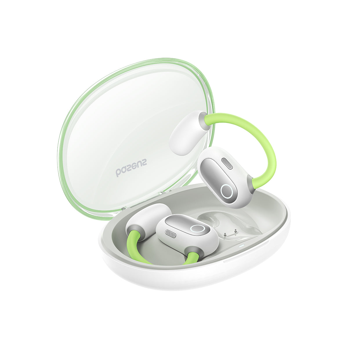 Auricolari bianchi con dettagli verdi in una custodia bianca aperta. La custodia ha un coperchio trasparente con bordo verde.