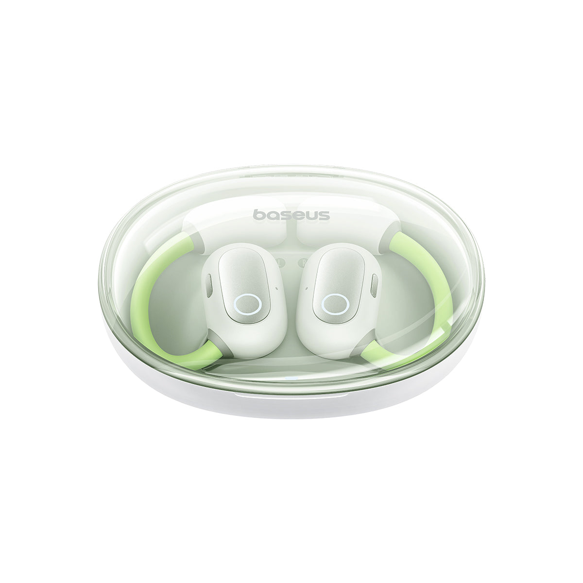 Auricolari bianchi con dettagli verdi all'interno di una custodia trasparente. La custodia ha una base bianca e un coperchio trasparente. Il marchio è visibile.