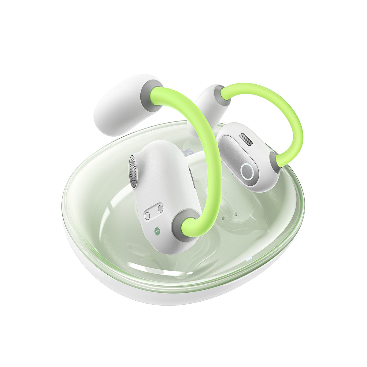 Cuffie wireless bianche e verdi in un astuccio di ricarica trasparente, tinta di verde, su sfondo bianco.