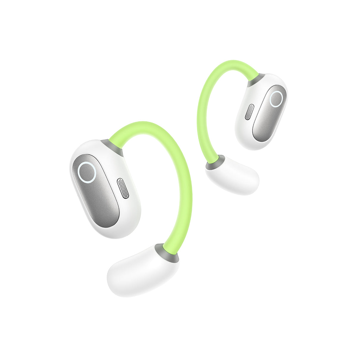 Due cuffie wireless con auricolari bianchi e grigi, archetto verde, su sfondo bianco. Ognuna ha un pulsante e una griglia.