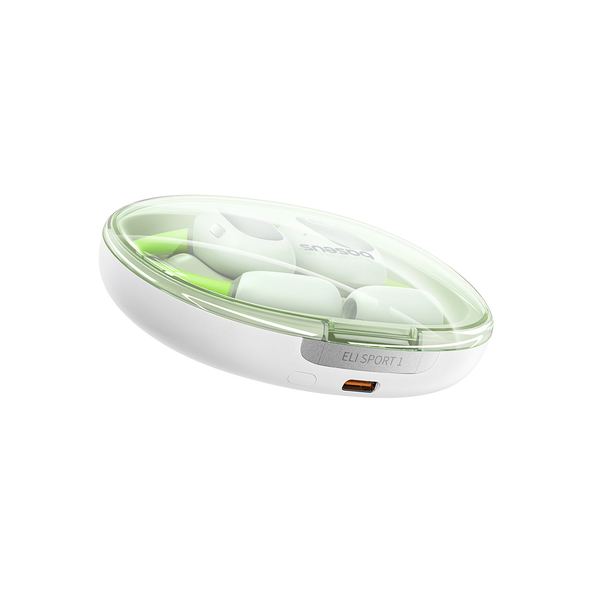Una custodia bianca e verde Baseus ELI Sport 1 con auricolari all'interno. La custodia è aperta, mostrando gli auricolari.