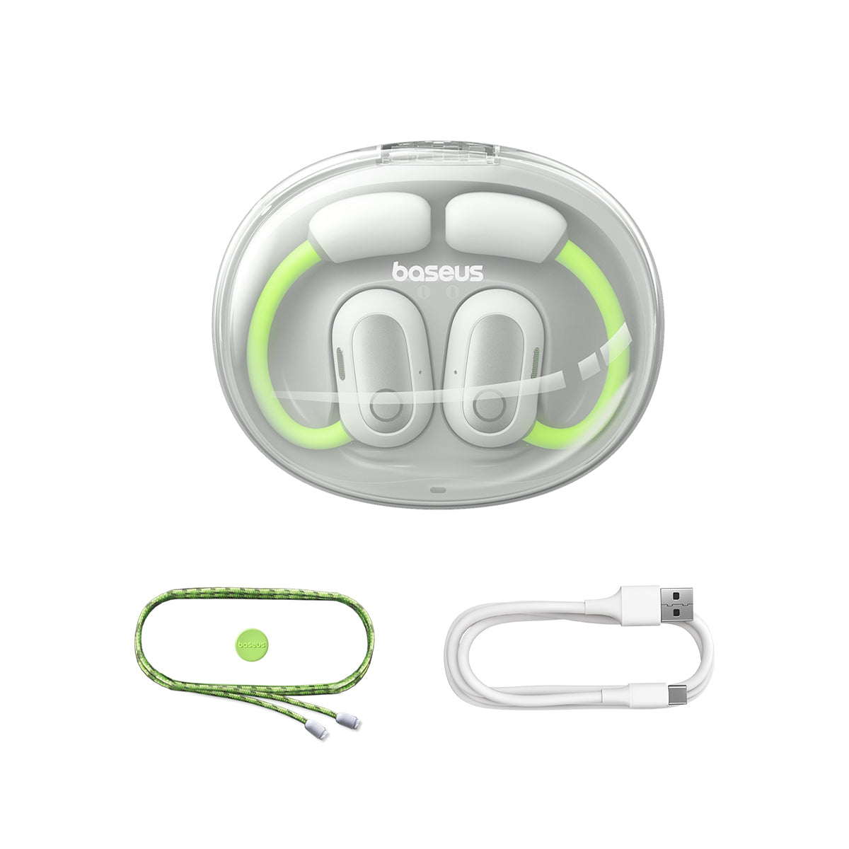 Auricolari e accessori. Auricolari bianchi in una custodia con dettagli verdi, cavo verde e cavo di ricarica bianco.