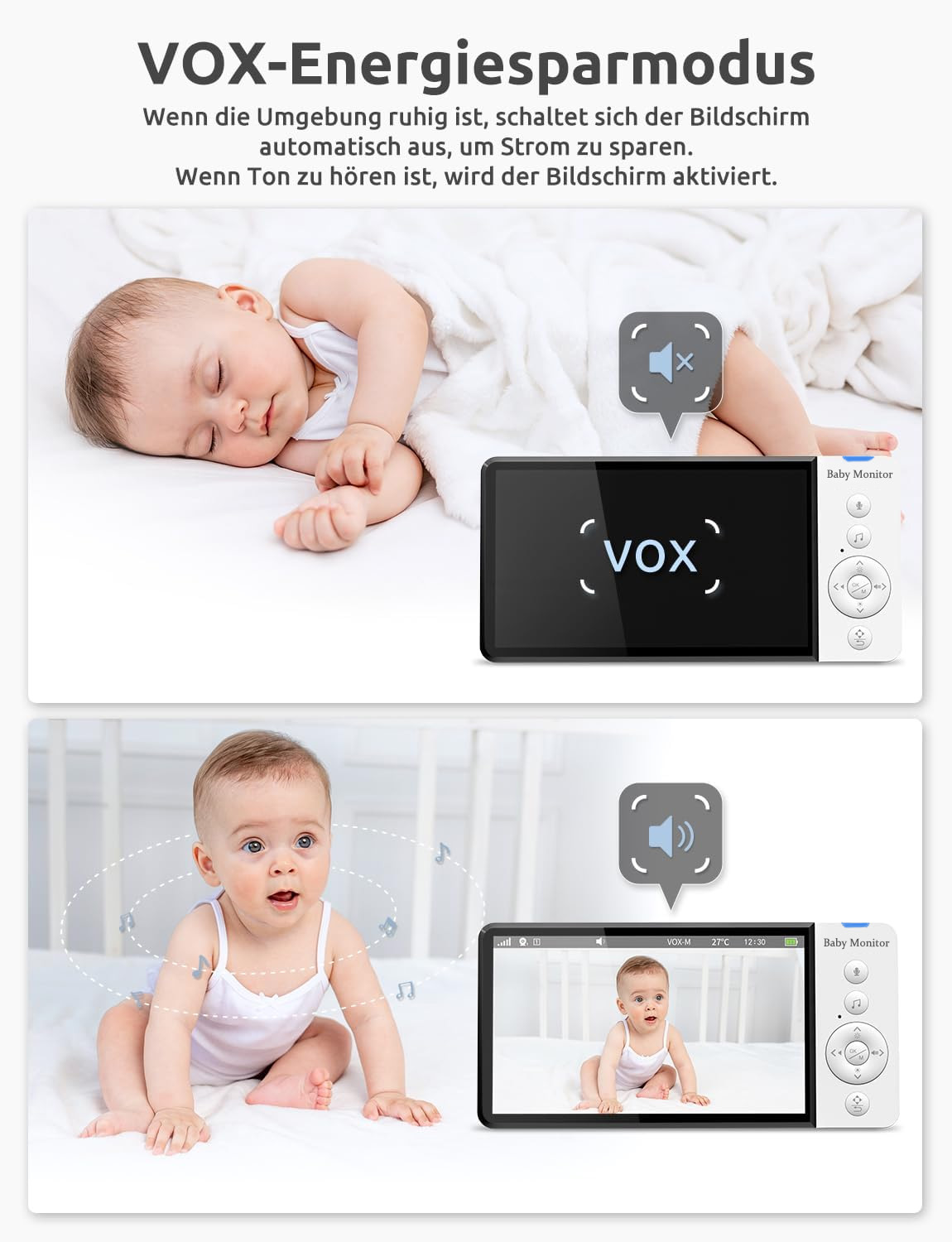 Das Bild zeigt einen Babyphone mit zwei Bildern: ein schlafendes Baby und ein waches Baby. Der Monitor zeigt 'VOX' und das Bild des Babys.
