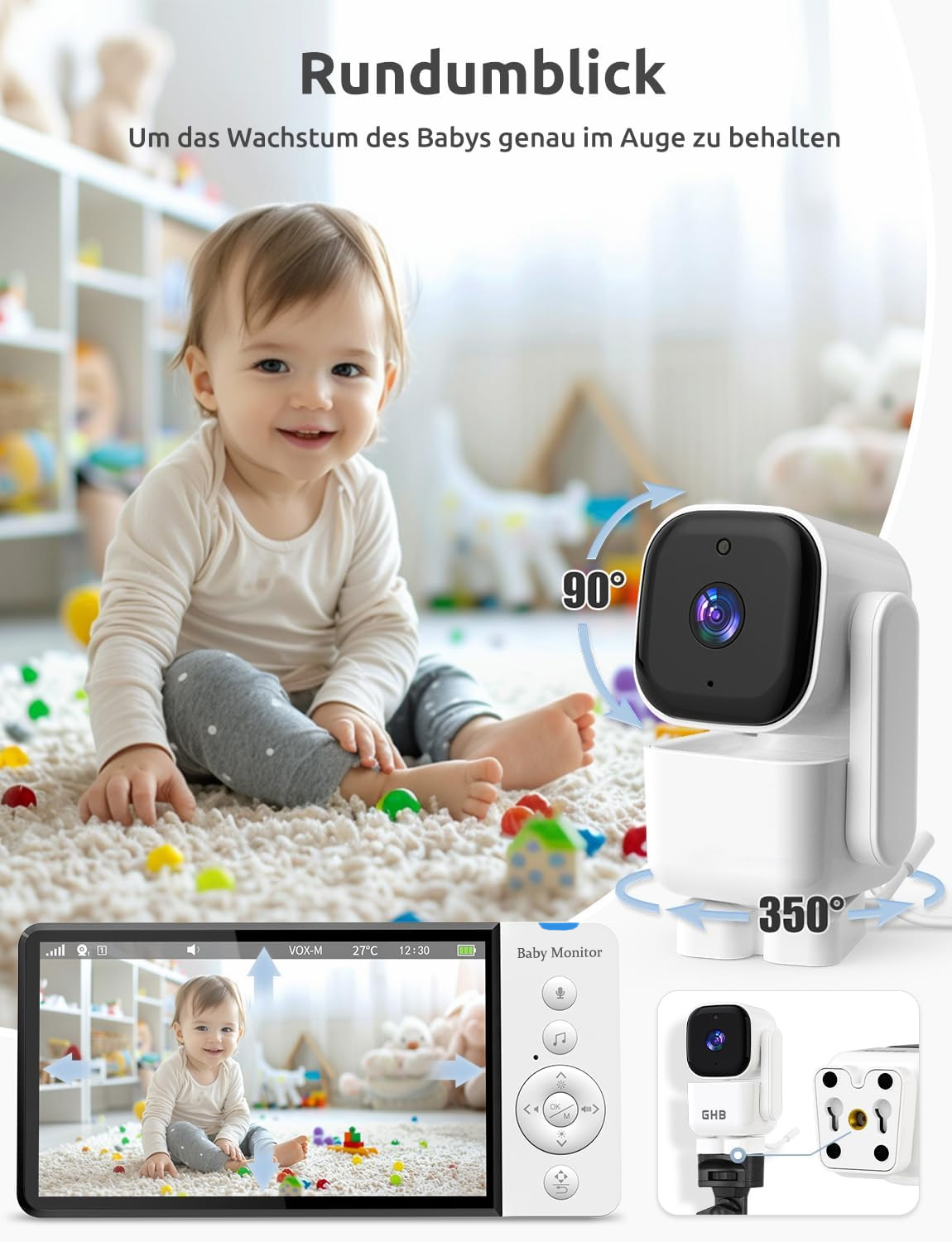 Ein Baby sitzt lächelnd auf einem Teppich. Eine Babyphone-Kamera wird zusammen mit einer Fernbedienung gezeigt. Bunte Spielzeuge liegen verstreut.