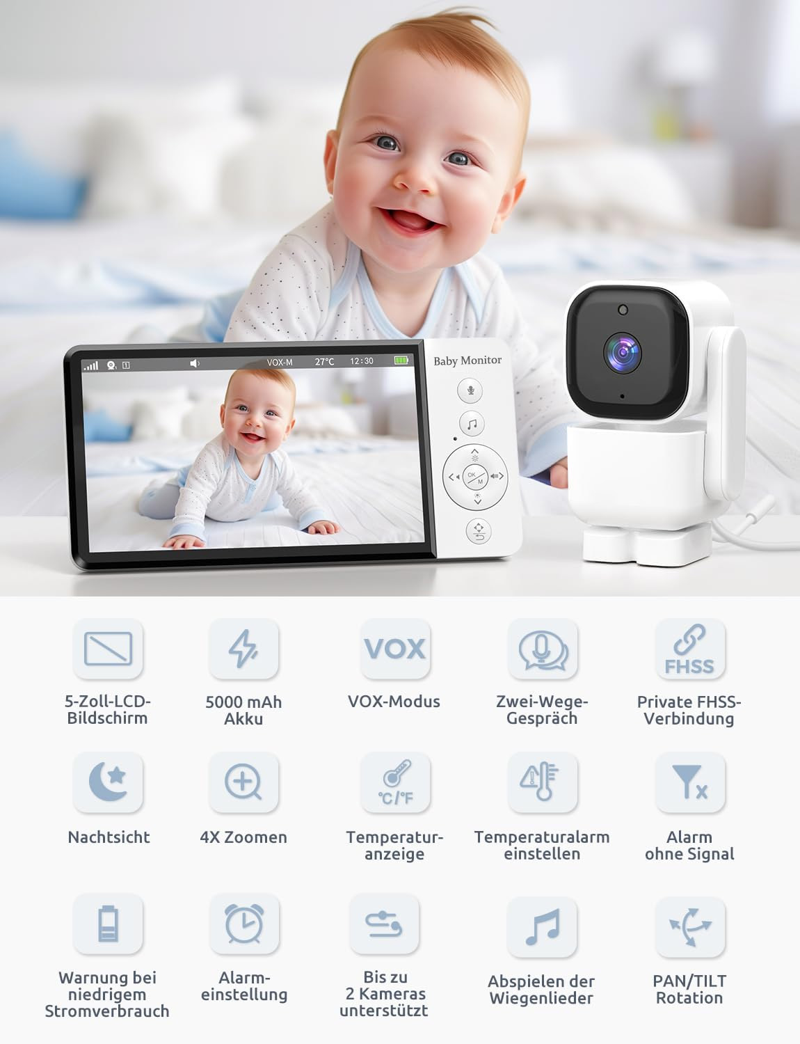 Ein lächelndes Baby schaut in die Kamera. Ein Babyphone ist vorhanden, und Symbole für Funktionen wie Nachtsicht und Zoom werden angezeigt.