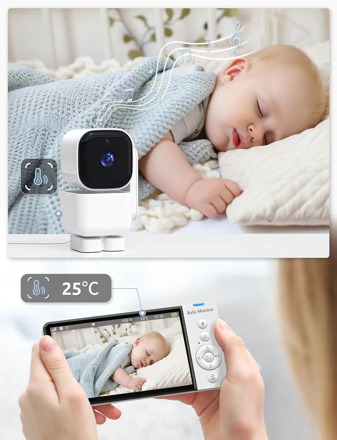 Ein Baby schläft in einem Kinderbett, überwacht von einer Kamera und einem Handgerät, das das Baby anzeigt. Temperatur 25°C.