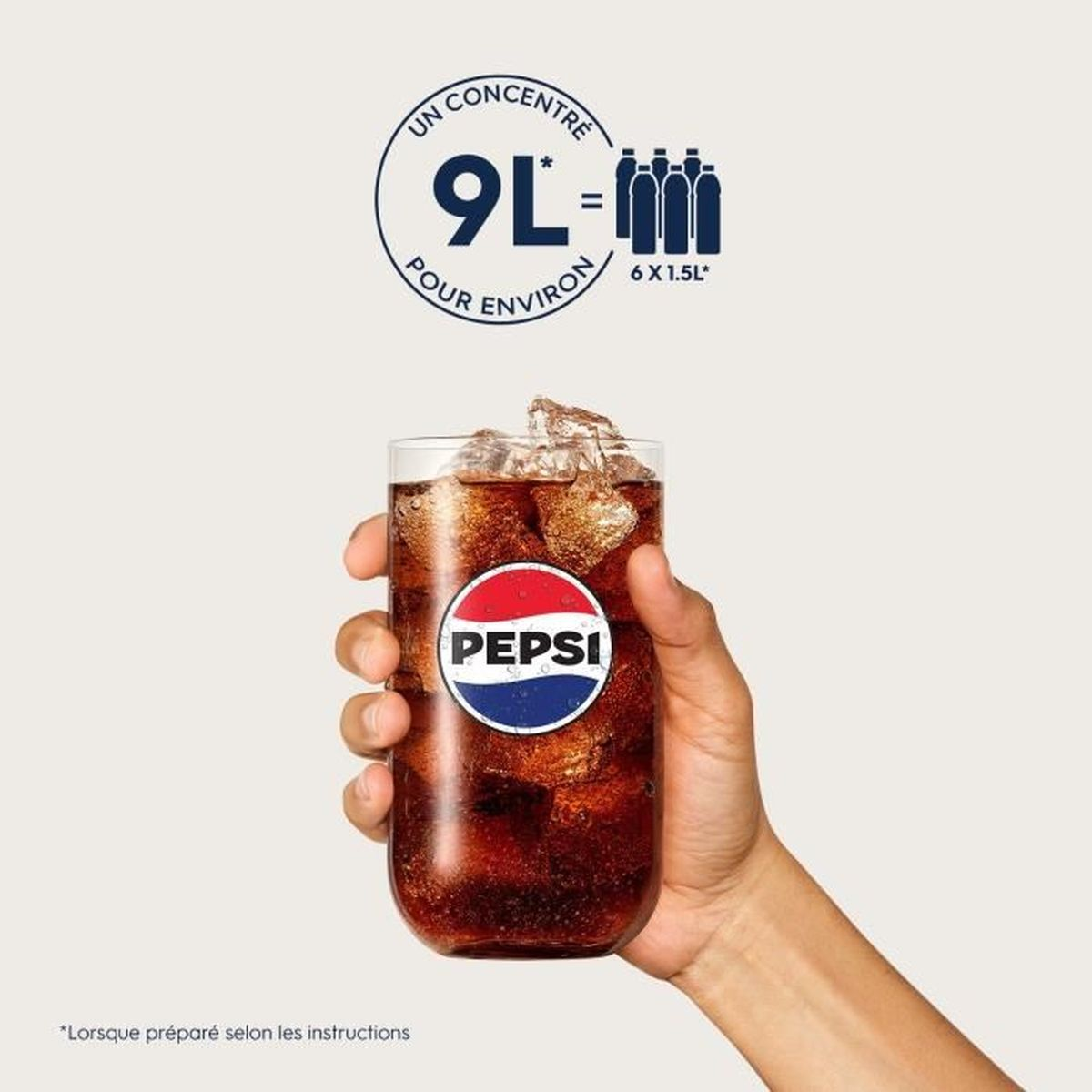 Mano che tiene un bicchiere di Pepsi pieno di ghiaccio e soda. Visibile il logo Pepsi. Grafica: concentrato 9L per 6x1,5L.