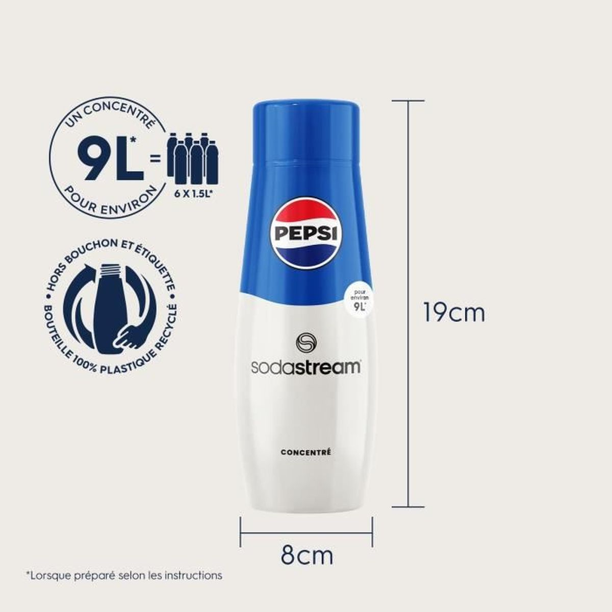 Una bottiglia di concentrato Pepsi Sodastream con colori blu e bianco. Mostra dimensioni di 19 cm di altezza e 8 cm di larghezza.