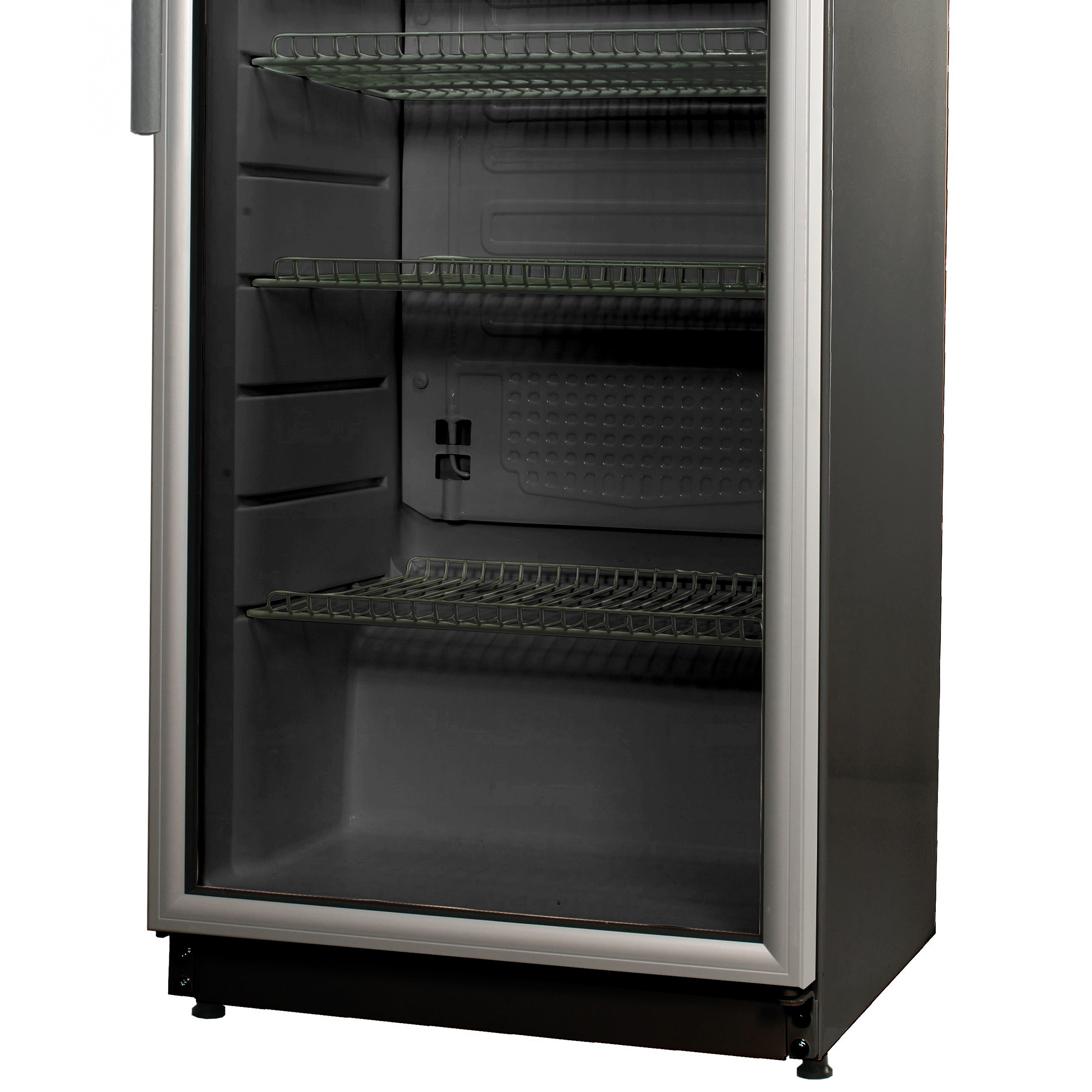Ein gewerblicher Kühlschrank mit Glastür. Im Inneren befinden sich drei Regale. Der Rahmen ist silber und der Korpus schwarz.