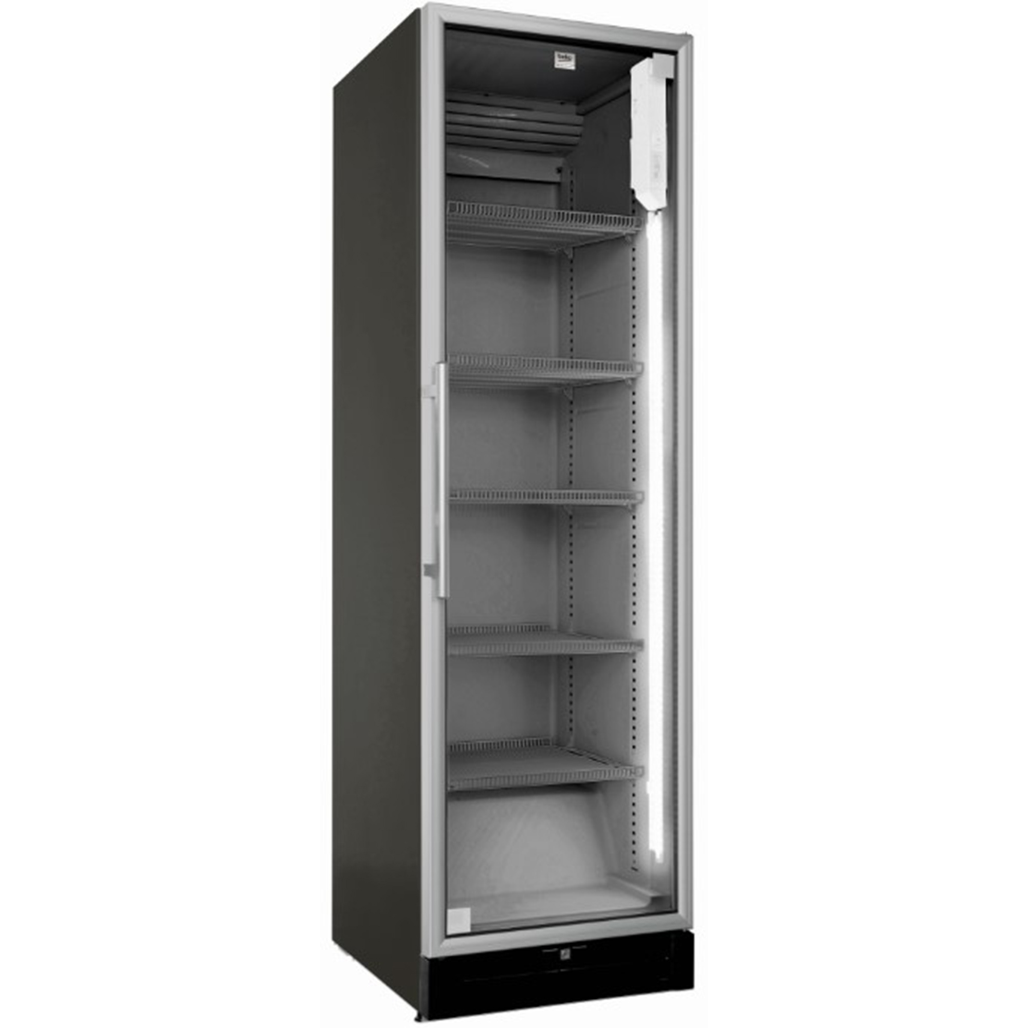 Ein hoher, silbern gerahmter Kühlschrank mit Glastür. Im Inneren befinden sich Regale. Auf der rechten Seite verläuft ein Licht.