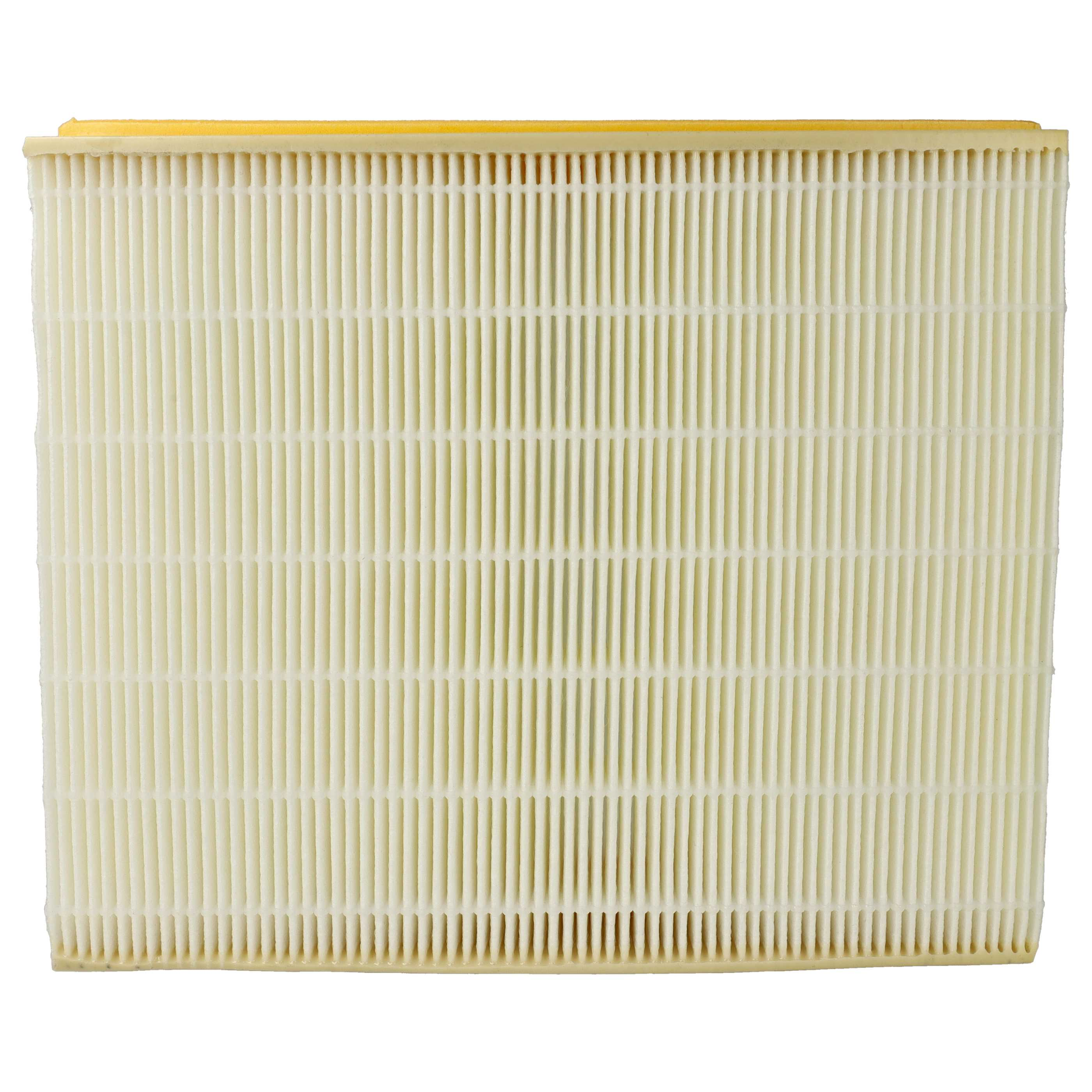Ein Luftfilter mit vertikalem Faltdesign. Der Filter ist hellbeige mit gelber Oberkante, isoliert auf Weiß.