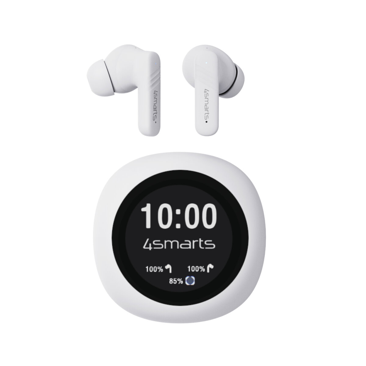 Auricolari bianchi e un dispositivo rotondo che mostra l'ora e i livelli della batteria. Il dispositivo ha uno schermo nero e una cornice bianca.
