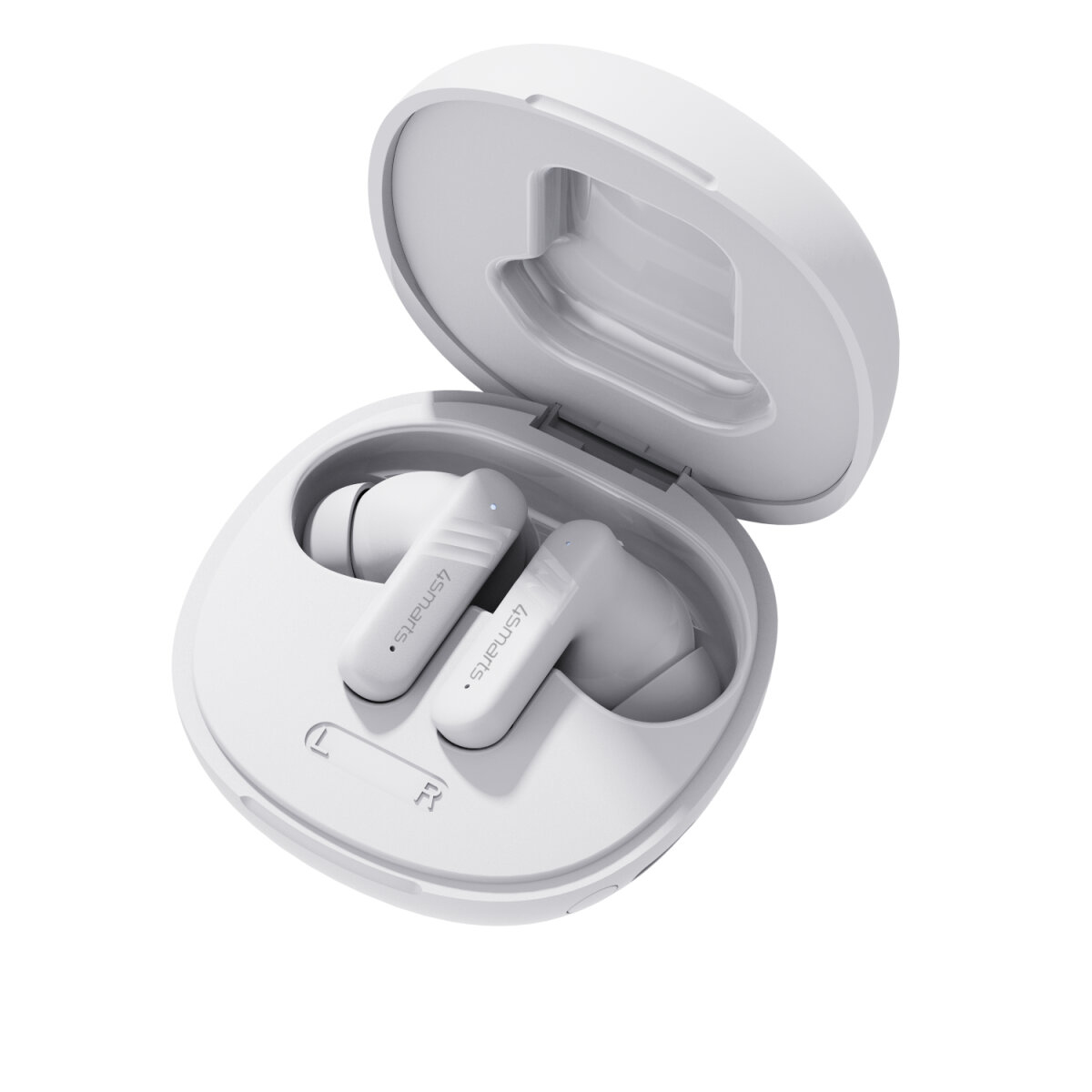 Auricolari bianchi all'interno di una custodia di ricarica bianca aperta. Gli auricolari hanno il logo 4smarts. La custodia ha indicatori L e R.