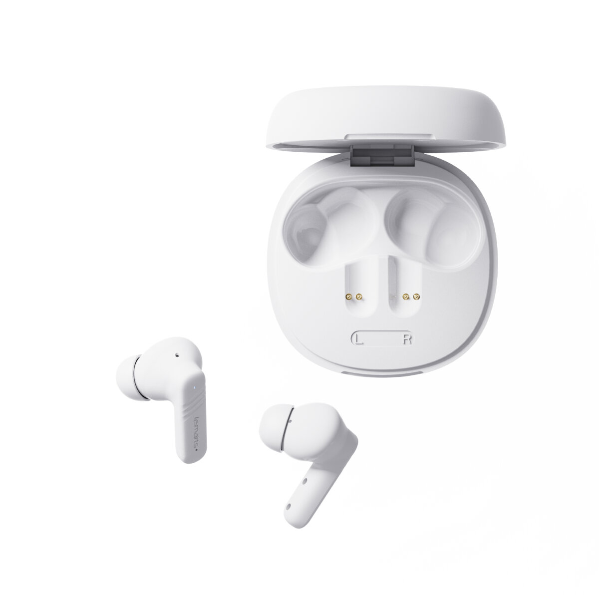 Auricolari wireless bianchi, due separati e uno in una custodia di ricarica con coperchio aperto. La custodia ha i segni L e R.