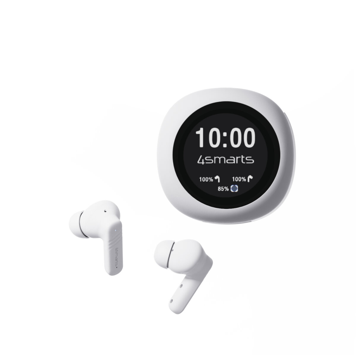 Auricolari bianchi, una custodia di ricarica che mostra le 10:00 e il logo 4smarts, con percentuali di batteria. Tutto su sfondo bianco.