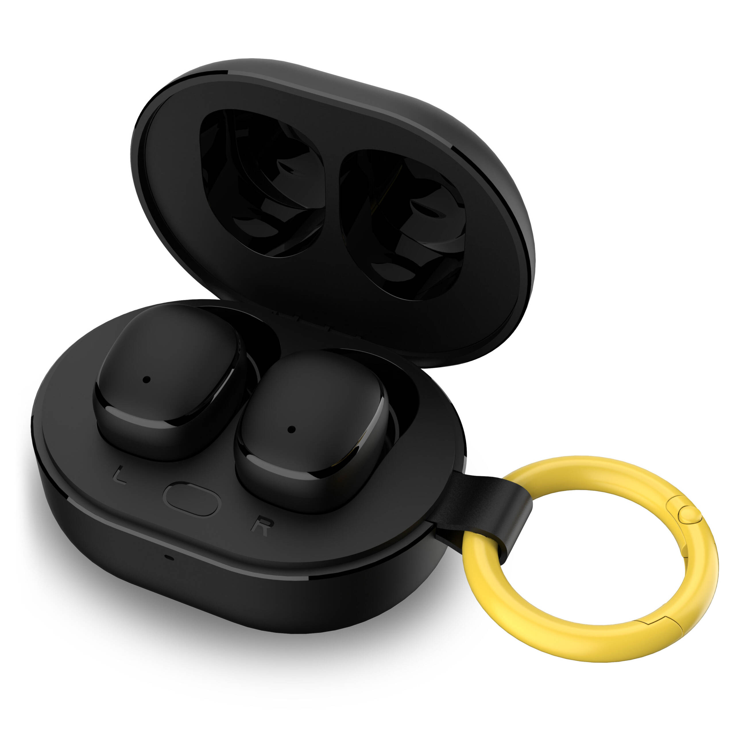 Auricolari wireless neri in una custodia nera aperta con moschettone giallo. Sfondo bianco.