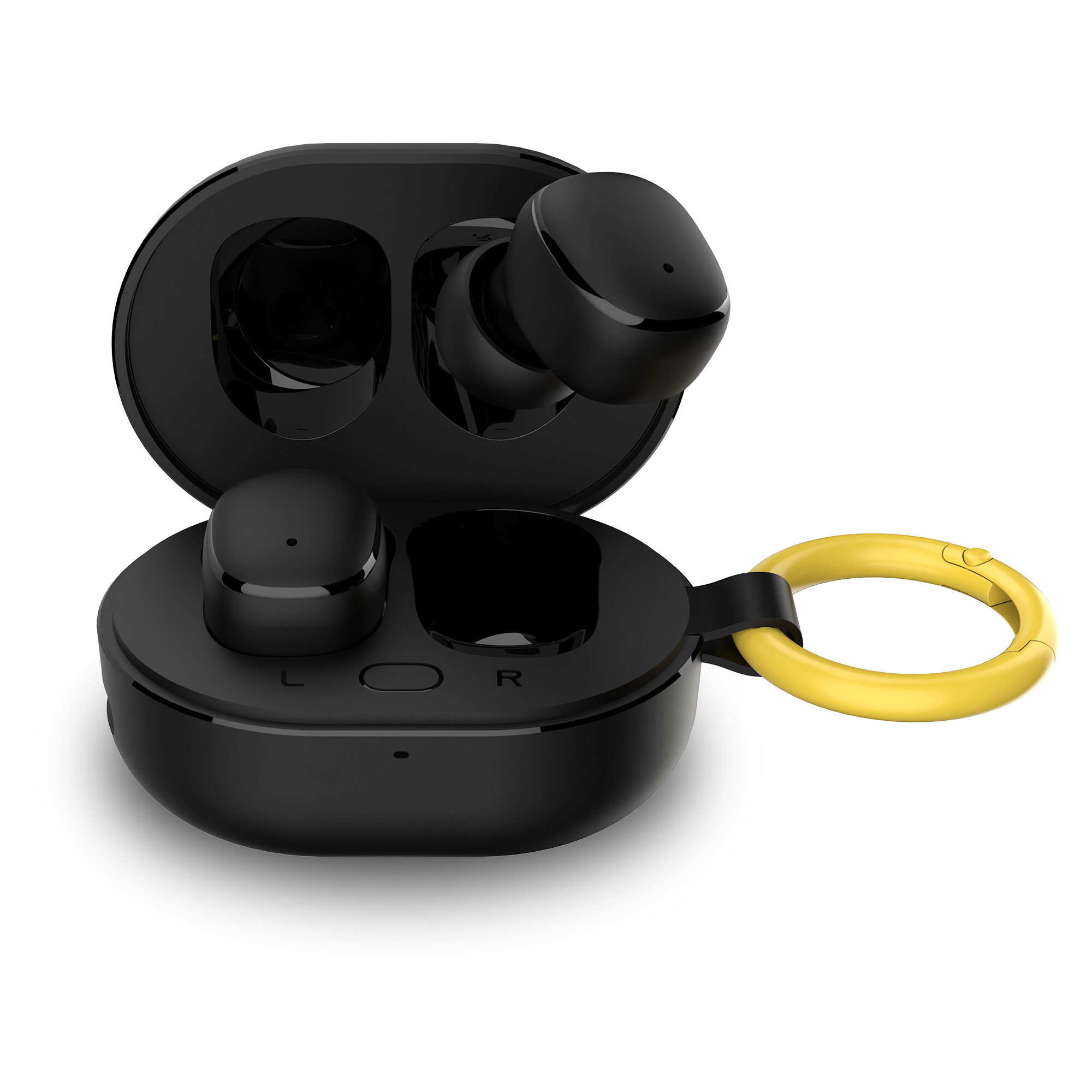 Auricolari wireless neri in una custodia di ricarica nera. Anello giallo attaccato. Sfondo bianco.